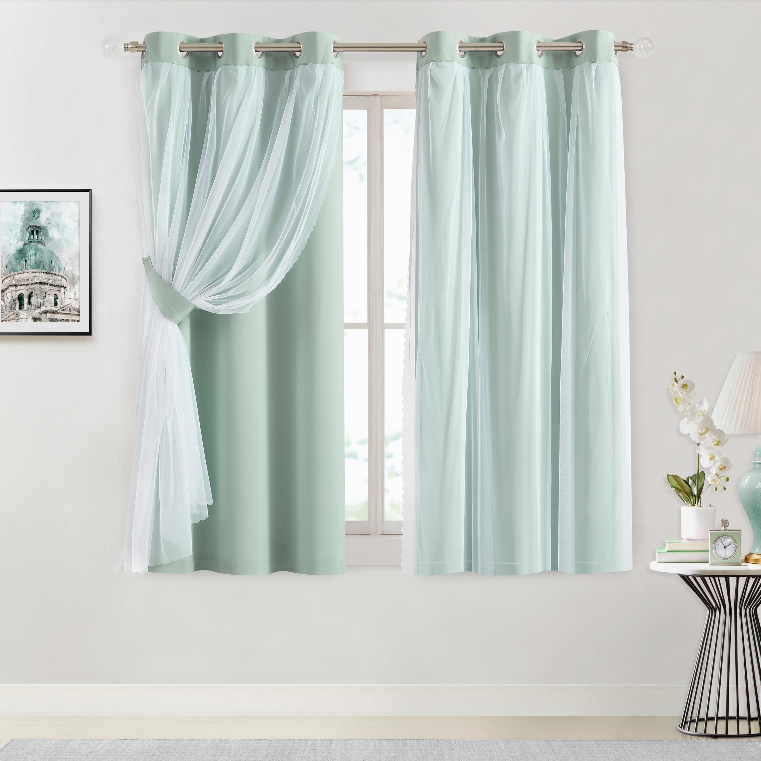 Bujasso Beige 80% Blackout Curtains with Sheer Overlay Mix and Match Double Layer Thermal Insulated Window Panels 95 inch for Living Room Bedroom Beige Drapes with Tiebacks Grommet Top 54" Wx95 Lx2