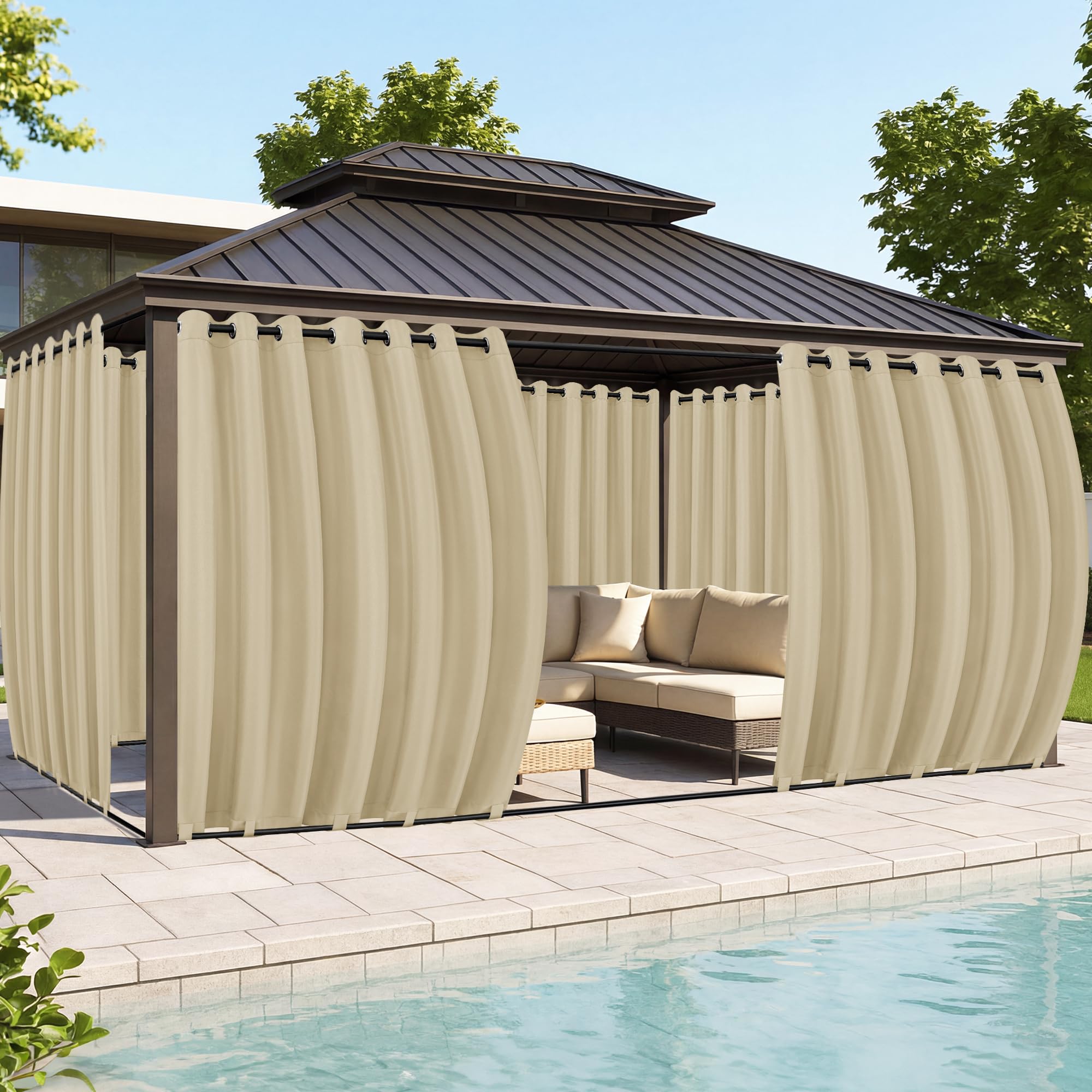 Outdoor Curtains for Patio Waterproof 6 Panels - Windproof, Privacy, Weatherproof Outside Drapes for Gazebo Pergola Porch, Grommet Top and Tab Bottom, 54x84 Inch, Cream