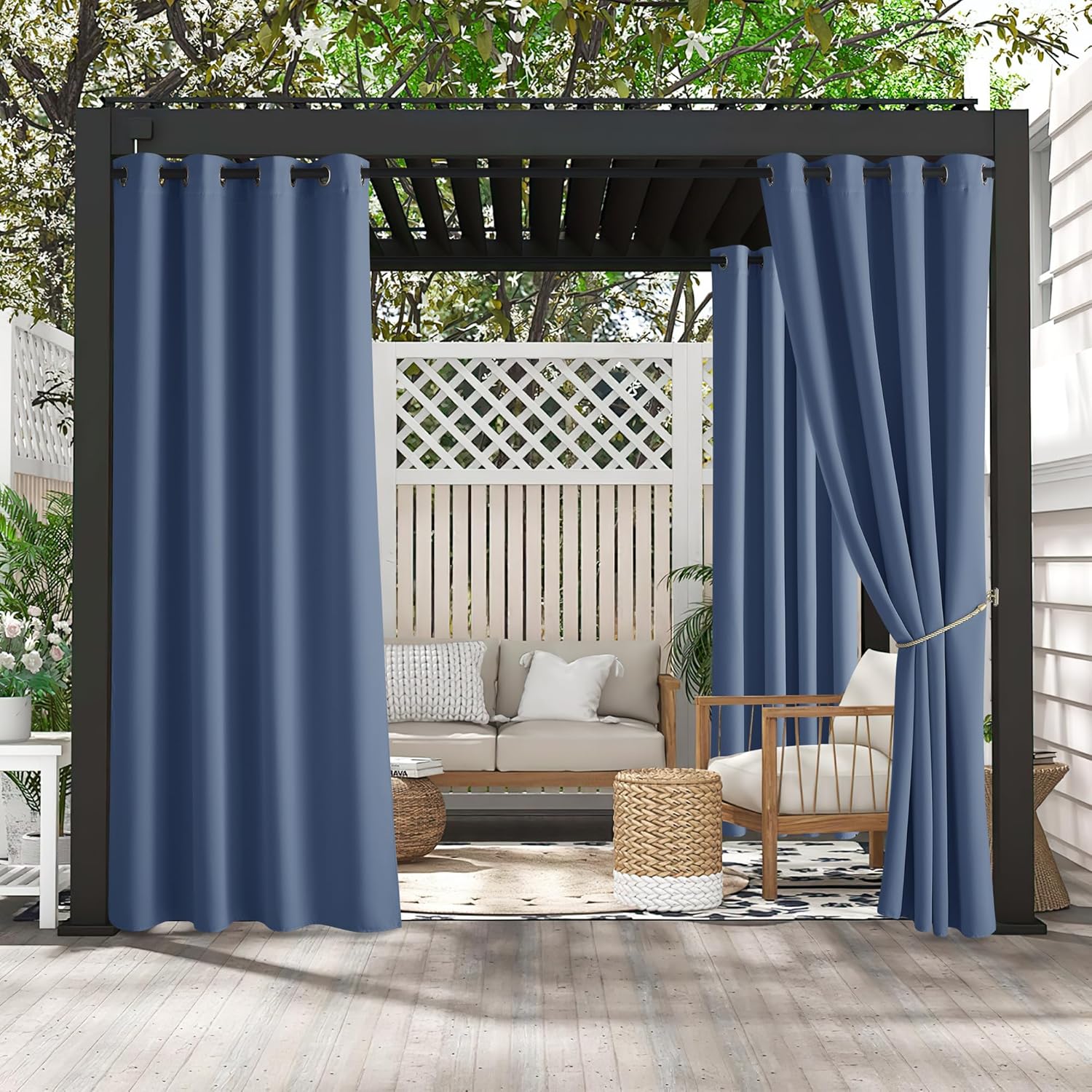 RYB HOME 2 Panels Fade Resistant Outdoor Curtains for Patio Waterproof Block Sunlight Thermal Insulated Privacy Thick Outside Curtains for Porch, Gazebo, Pergola, W52 x L96, Stone Blue