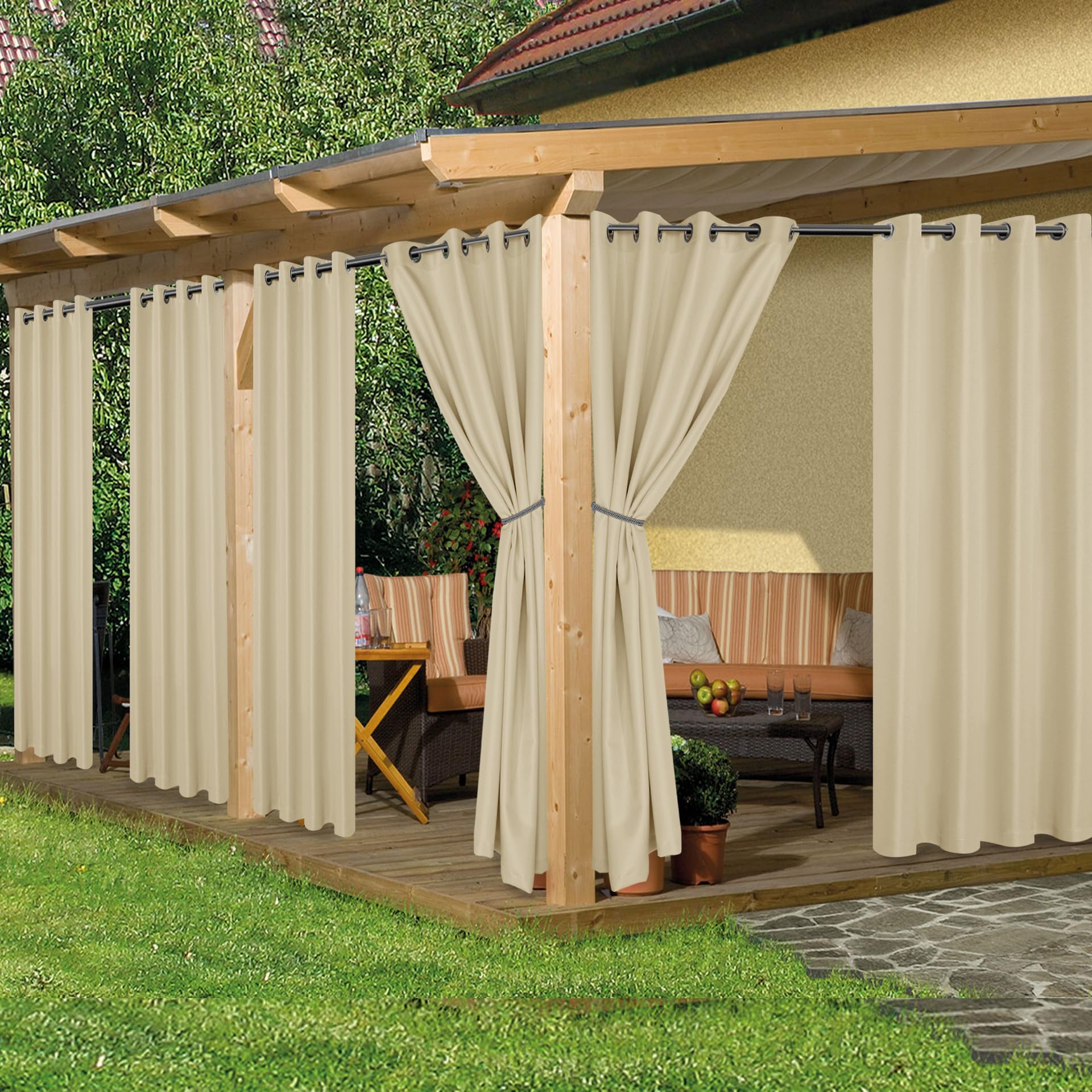 HolidayIdeas Outdoor Curtains for Patio Waterproof, 8 Panels - 54x84 Inches - Weatherproof Privacy Outsides Curtains for Cabana Porch Pergola, Sunlight & UV Blocking (Grey, Grommet Top)