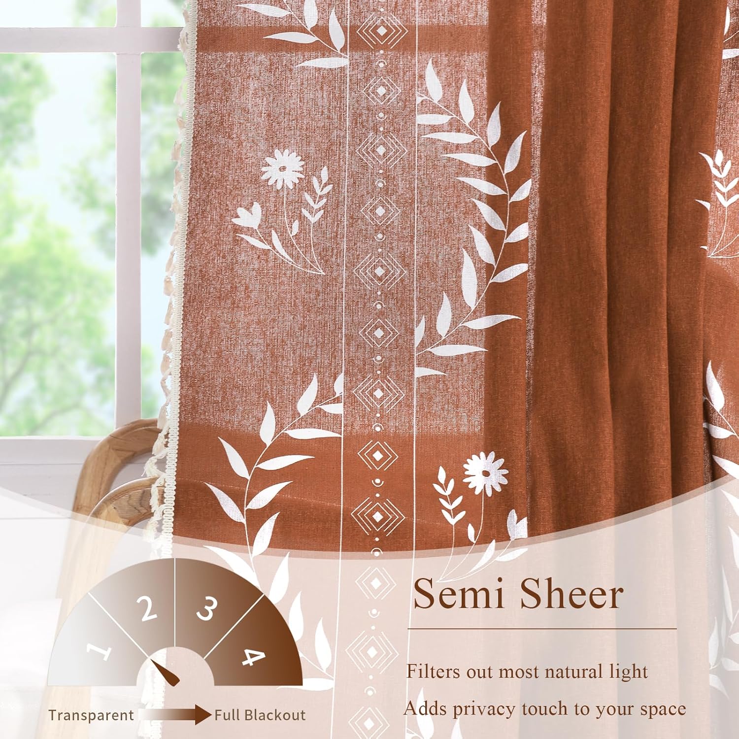 Schweek Boho Curtains for Living Room 84 Inch Long Terracotta Patterned Vintage Farmhouse Curtains 2 Panels,Linen Tassel Floral Window Curtain, Burnt Orange