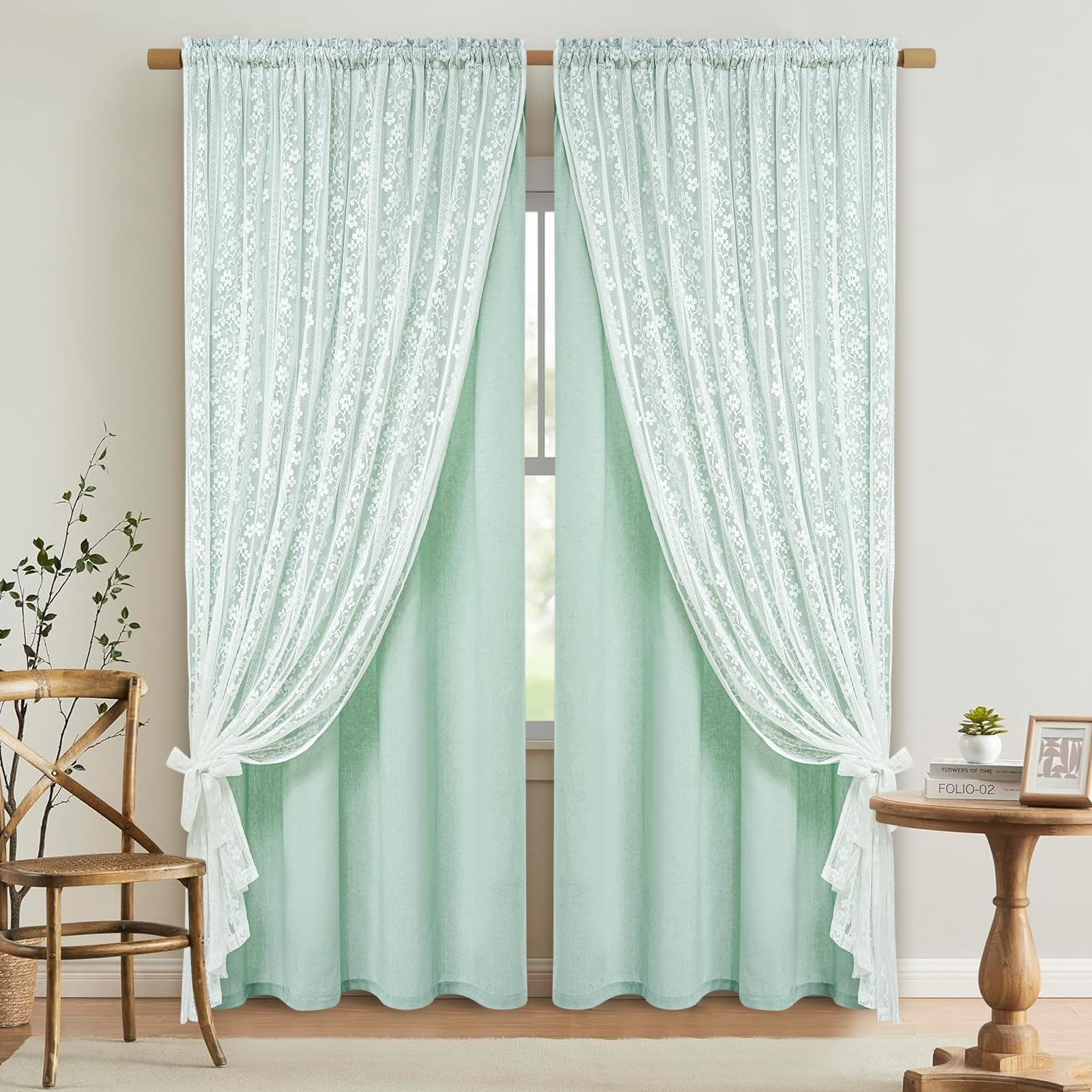 ASPMIZ Linen Curtains for Bedroom, Double Layered Boho Curtain for Living Room Farmhouse Curtain 84 Inch Length 2 Panels Set, Rustic Curtains & Drapes Rod Pocket with Tiebacks, 52 x 84 Inch, Beige