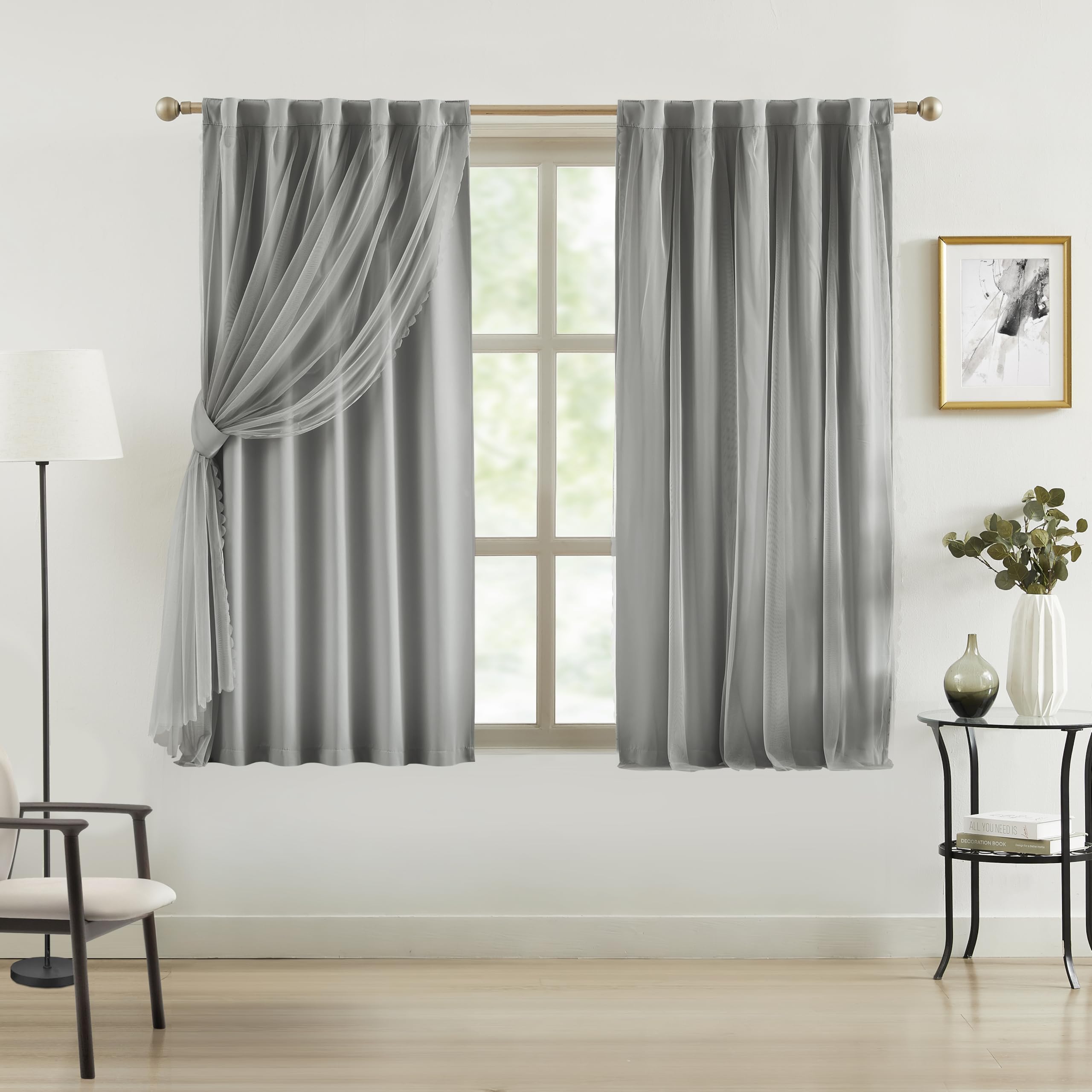Bujasso Beige 80% Blackout Curtains with Sheer Overlay Mix and Match Double Layer Thermal Insulated Window Panels 84 inch for Bedroom Beige Drapes with Tiebacks Rod Pocket Back Tab 37" Wx84 Lx2
