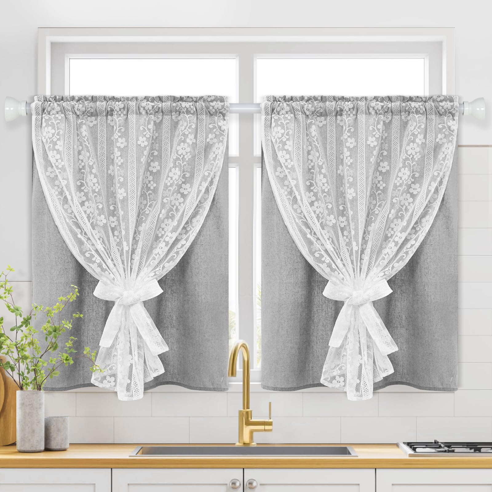 ASPMIZ Linen Curtains for Bedroom, Double Layered Boho Curtain for Living Room Farmhouse Curtain 84 Inch Length 2 Panels Set, Rustic Curtains & Drapes Rod Pocket with Tiebacks, 52 x 84 Inch, Beige