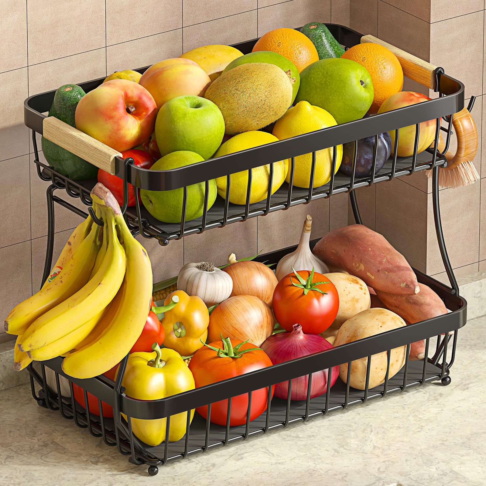 2 Tier Large Fruit Basket for Kitchen Counter with 2 Mobile Banana Hangers, 2026 Pro Detachable Metal Fruit Bowl with Wooden Handle (Brown, 2 Tier)