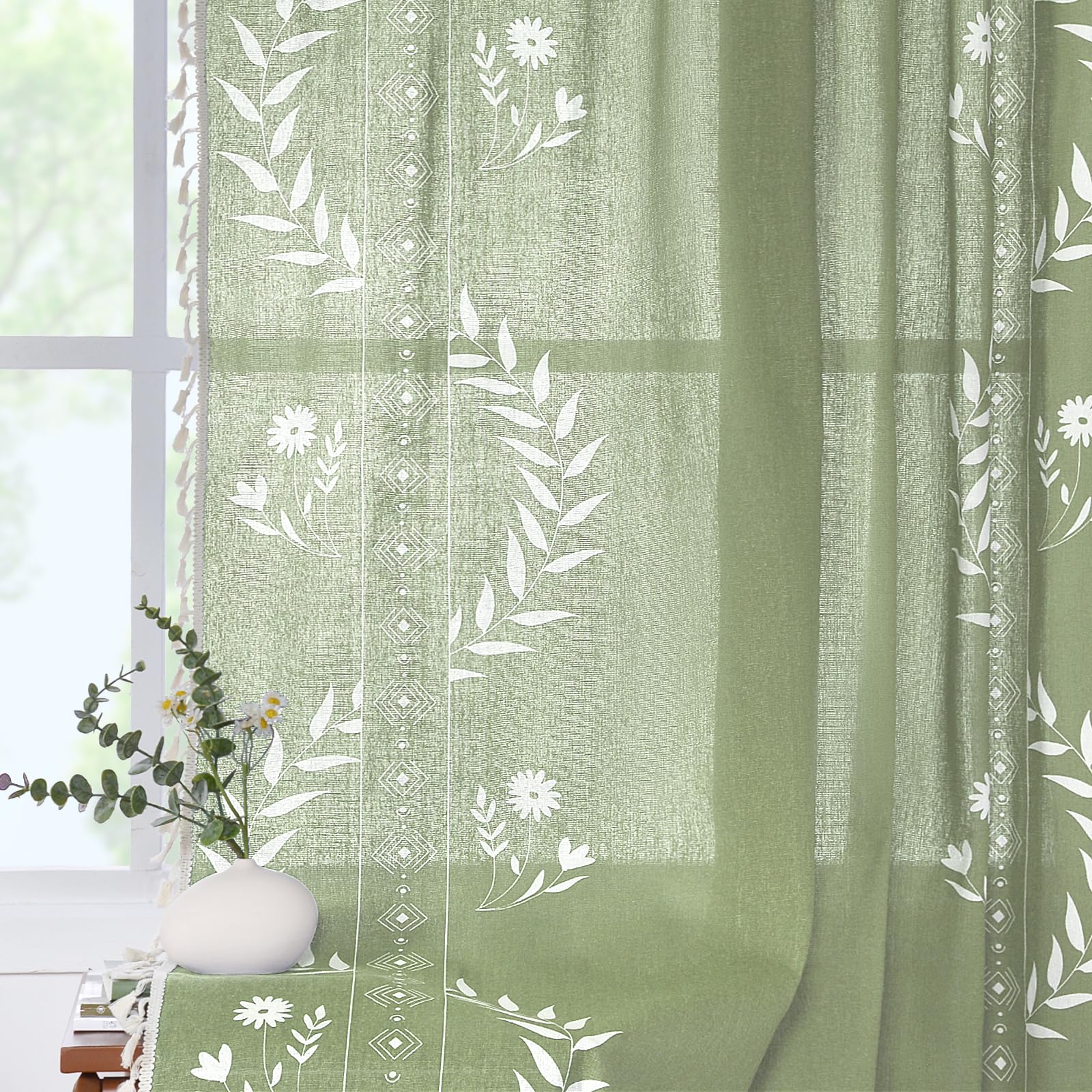 Schweek Boho Curtains for Living Room 84 Inch Long Terracotta Patterned Vintage Farmhouse Curtains 2 Panels,Linen Tassel Floral Window Curtain, Burnt Orange