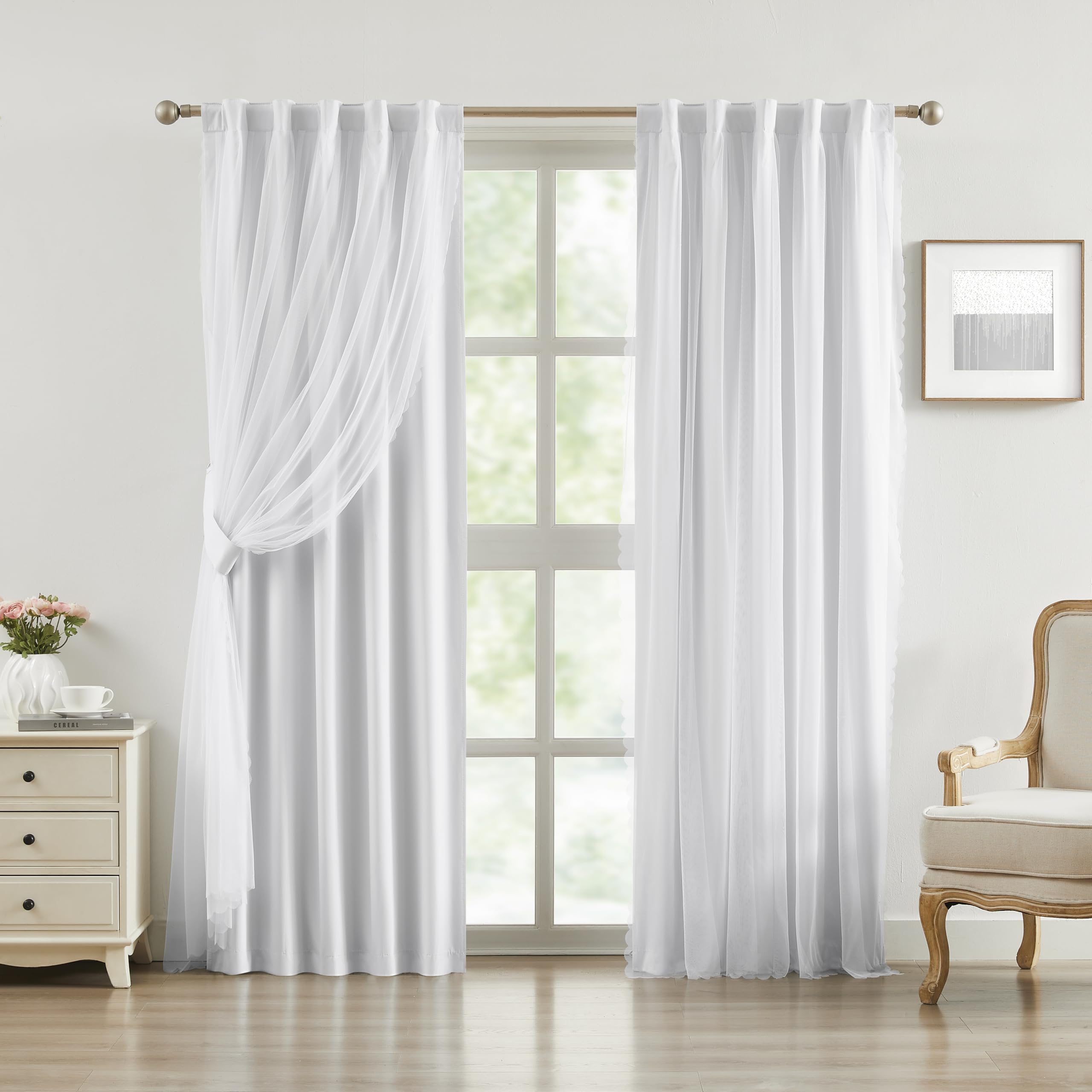 Bujasso Beige 80% Blackout Curtains with Sheer Overlay Mix and Match Double Layer Thermal Insulated Window Panels 84 inch for Bedroom Beige Drapes with Tiebacks Rod Pocket Back Tab 37" Wx84 Lx2