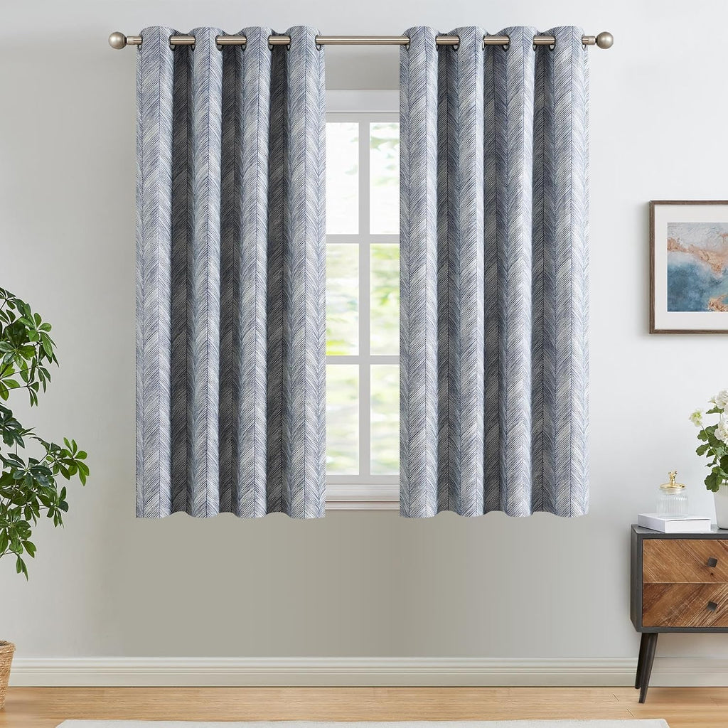 jinchan Blue Printed Curtains 63 Inch Length for Living Room Grommet Jacquard Curtains with Herringbone Pattern Modern Room Darkening Drapes Bedroom Window Curtain Set 2 Panels