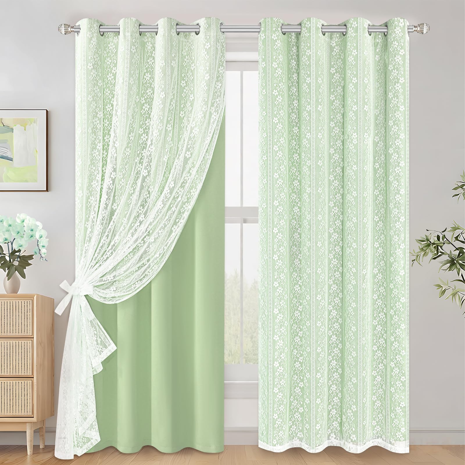 ASPMIZ Linen Curtains for Bedroom, Double Layered Boho Curtain for Living Room Farmhouse Curtain 84 Inch Length 2 Panels Set, Rustic Curtains & Drapes Rod Pocket with Tiebacks, 52 x 84 Inch, Beige
