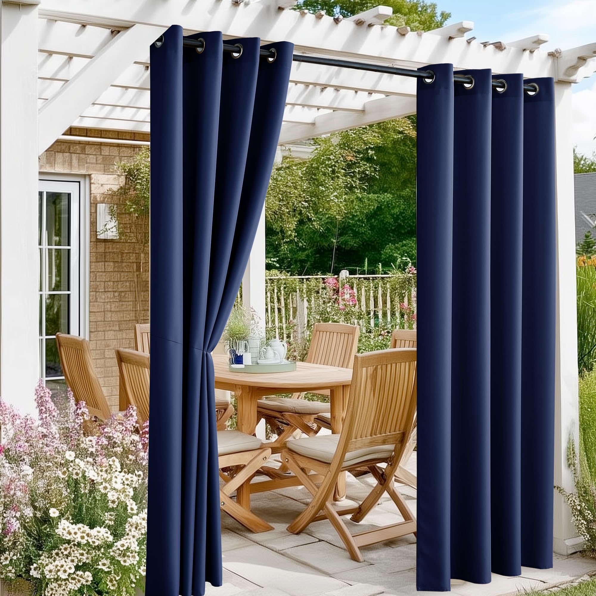 RYB HOME 2 Panels Fade Resistant Outdoor Curtains for Patio Waterproof Block Sunlight Thermal Insulated Privacy Thick Outside Curtains for Porch, Gazebo, Pergola, W52 x L96, Stone Blue