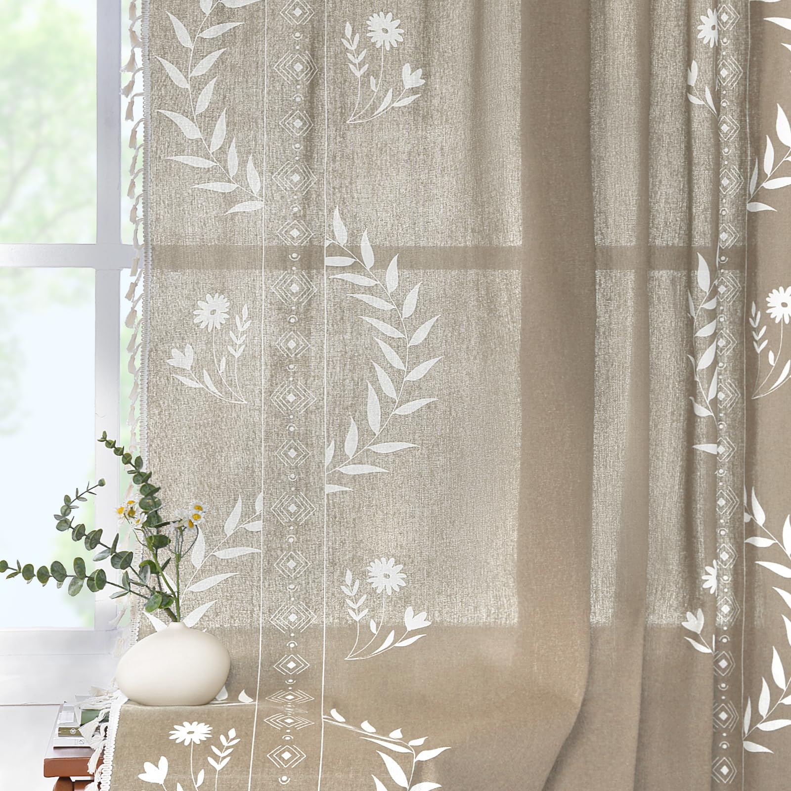 Schweek Boho Curtains for Living Room 84 Inch Long Terracotta Patterned Vintage Farmhouse Curtains 2 Panels,Linen Tassel Floral Window Curtain, Burnt Orange
