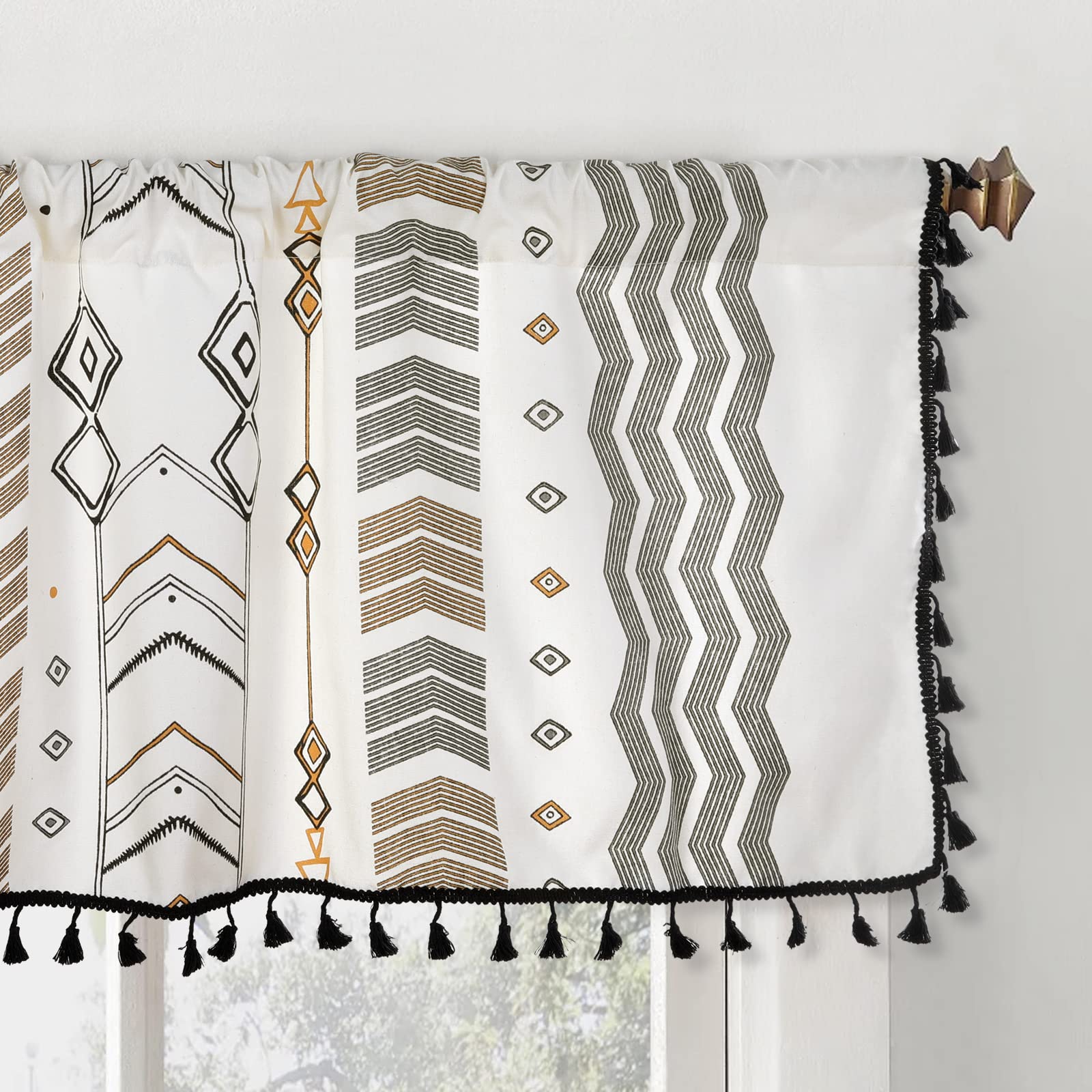 ColorBird Boho Curtains 2 Panels Aztec Western Semi-Blackout Patterned Rod Pocket Window Treatment Decorative Drapes with Black Tassels for Living Bedroom Closet 63 inch Length