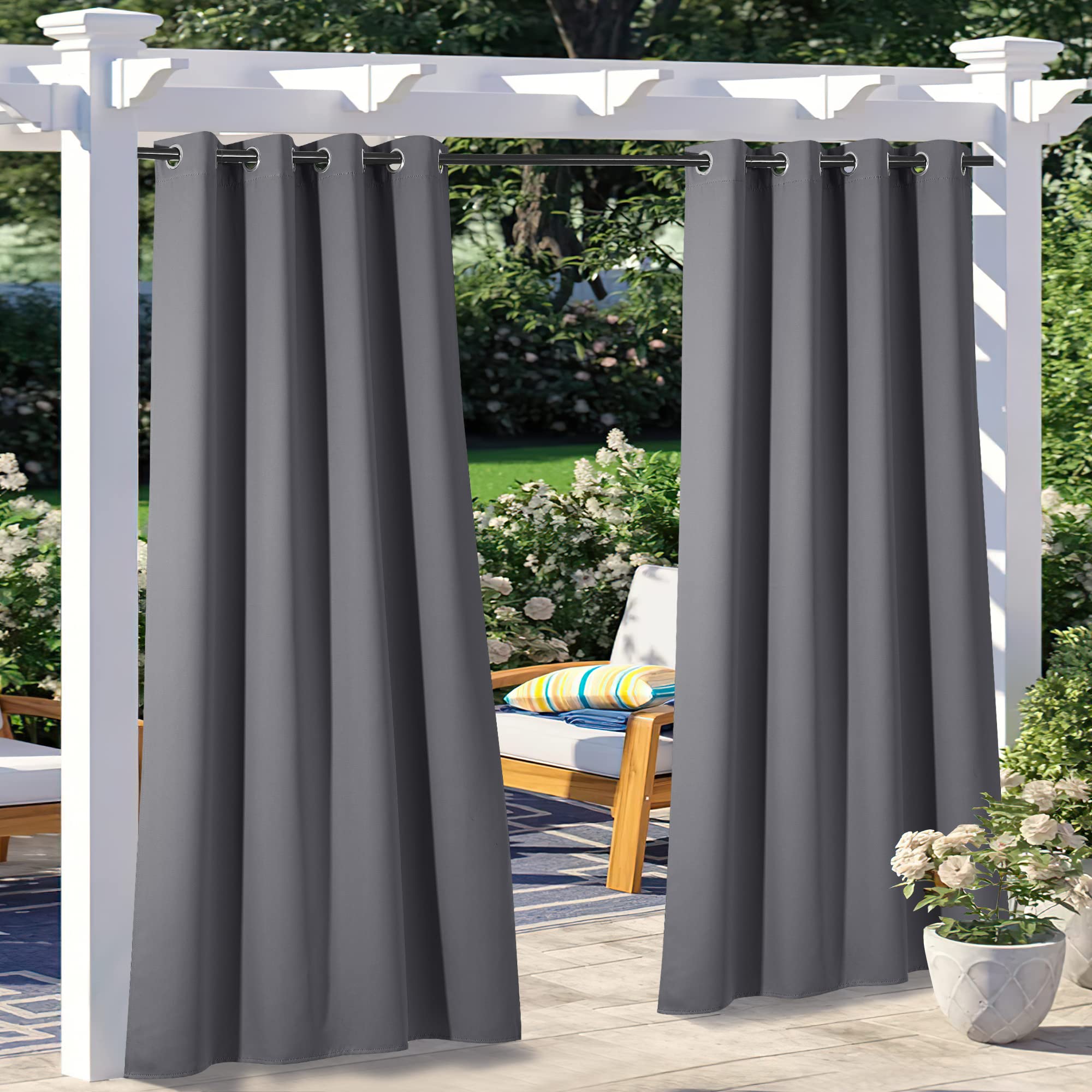 NICETOWN Fade Resistant Outdoor Curtains for Patio 84 inch Long, Grade 4 Color Fastness Fade-Proof Waterproof Outside Curtains, Thermal UV Protection Sun Shades for Porch, W52 x L84, 2 Panels, Grey