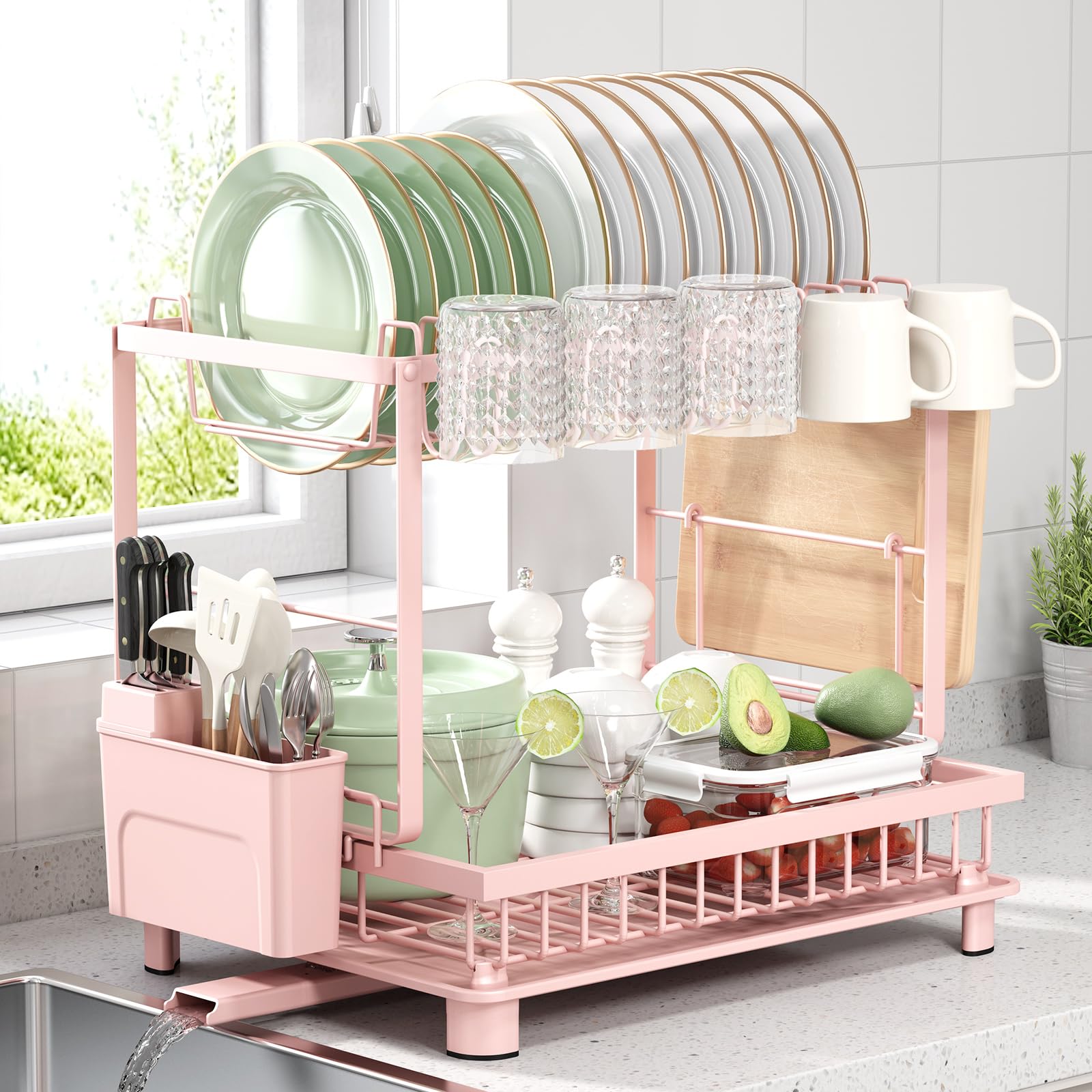 Dish Drying Rack, 2 Tier Space-Saving Dish Rack, Multifunctional Dish Drainer for Kitchen Counter with Drainboard/Utensil/Cup Holder Rustproof Carbon Steel, Black