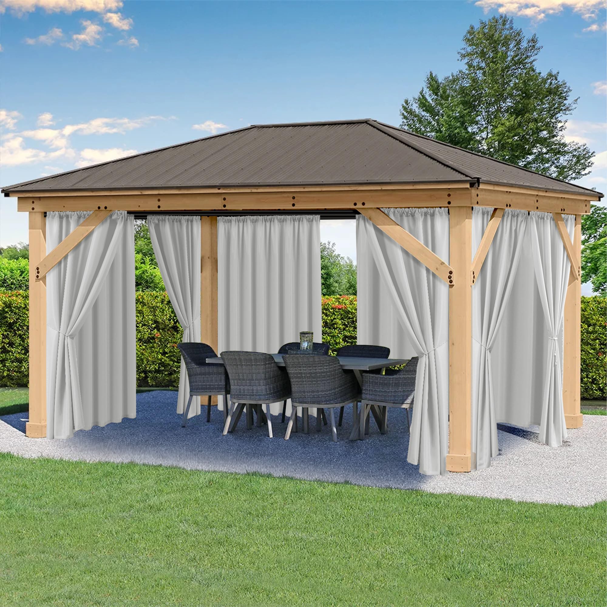 HolidayIdeas Waterproof Patio Outdoor Curtains with Rod Pocket, 6 Pcs- UV & Privacy Protect Weatherproof Gazebo Outdoor Drapes for Porch, Balcony, Apartment, Sliding Glass Door, White, 54x84 Inch