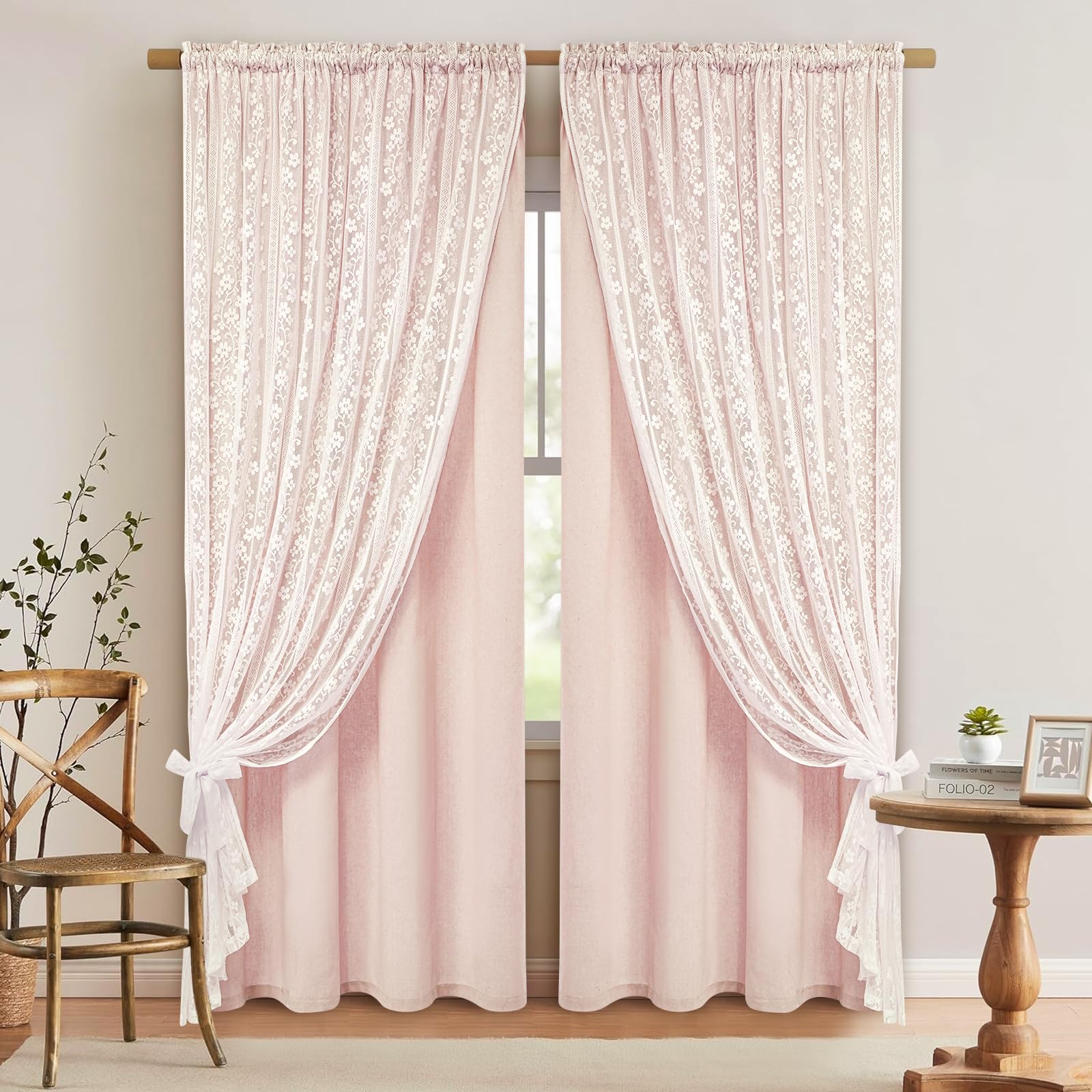 ASPMIZ Linen Curtains for Bedroom, Double Layered Boho Curtain for Living Room Farmhouse Curtain 84 Inch Length 2 Panels Set, Rustic Curtains & Drapes Rod Pocket with Tiebacks, 52 x 84 Inch, Beige