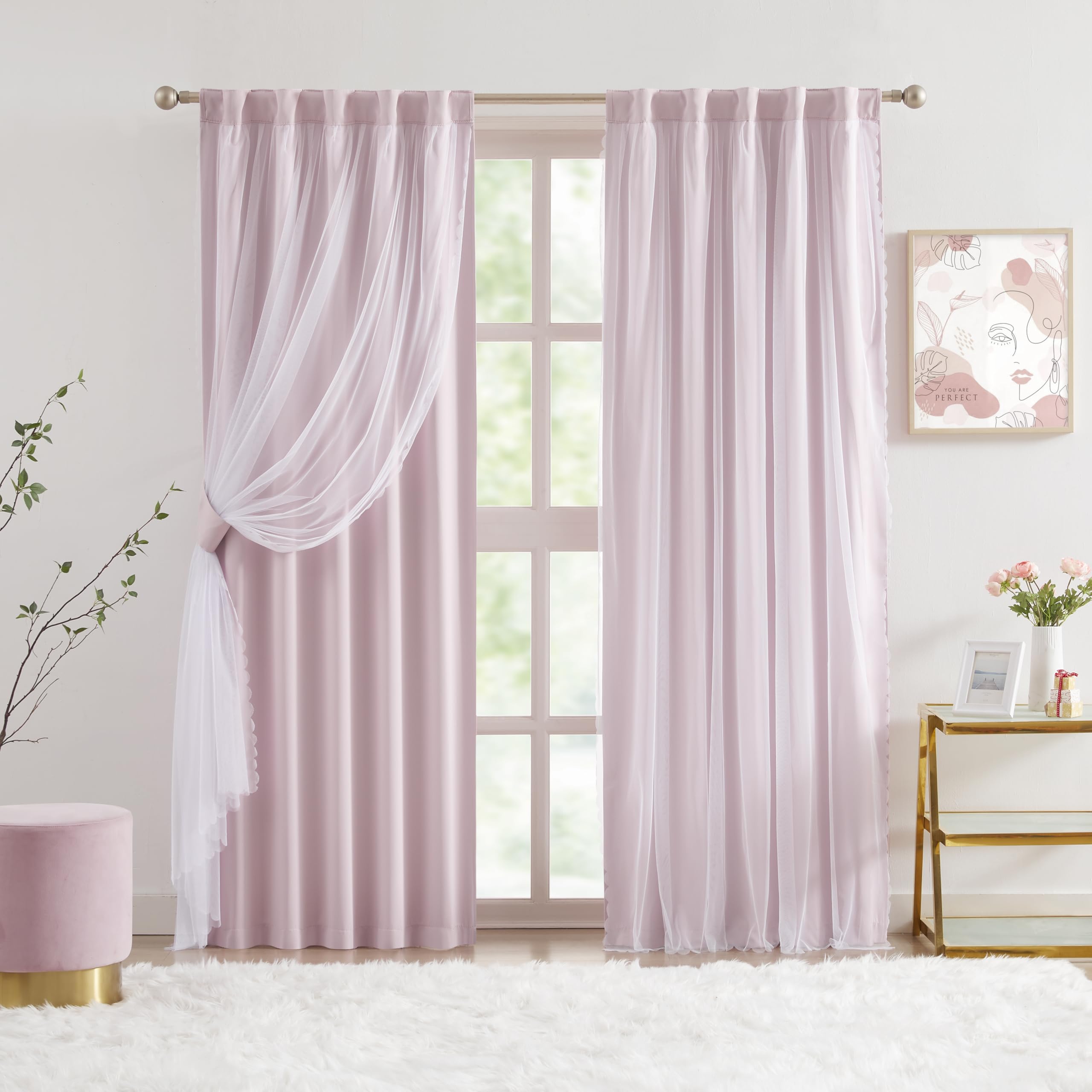 Bujasso Beige 80% Blackout Curtains with Sheer Overlay Mix and Match Double Layer Thermal Insulated Window Panels 84 inch for Bedroom Beige Drapes with Tiebacks Rod Pocket Back Tab 37" Wx84 Lx2