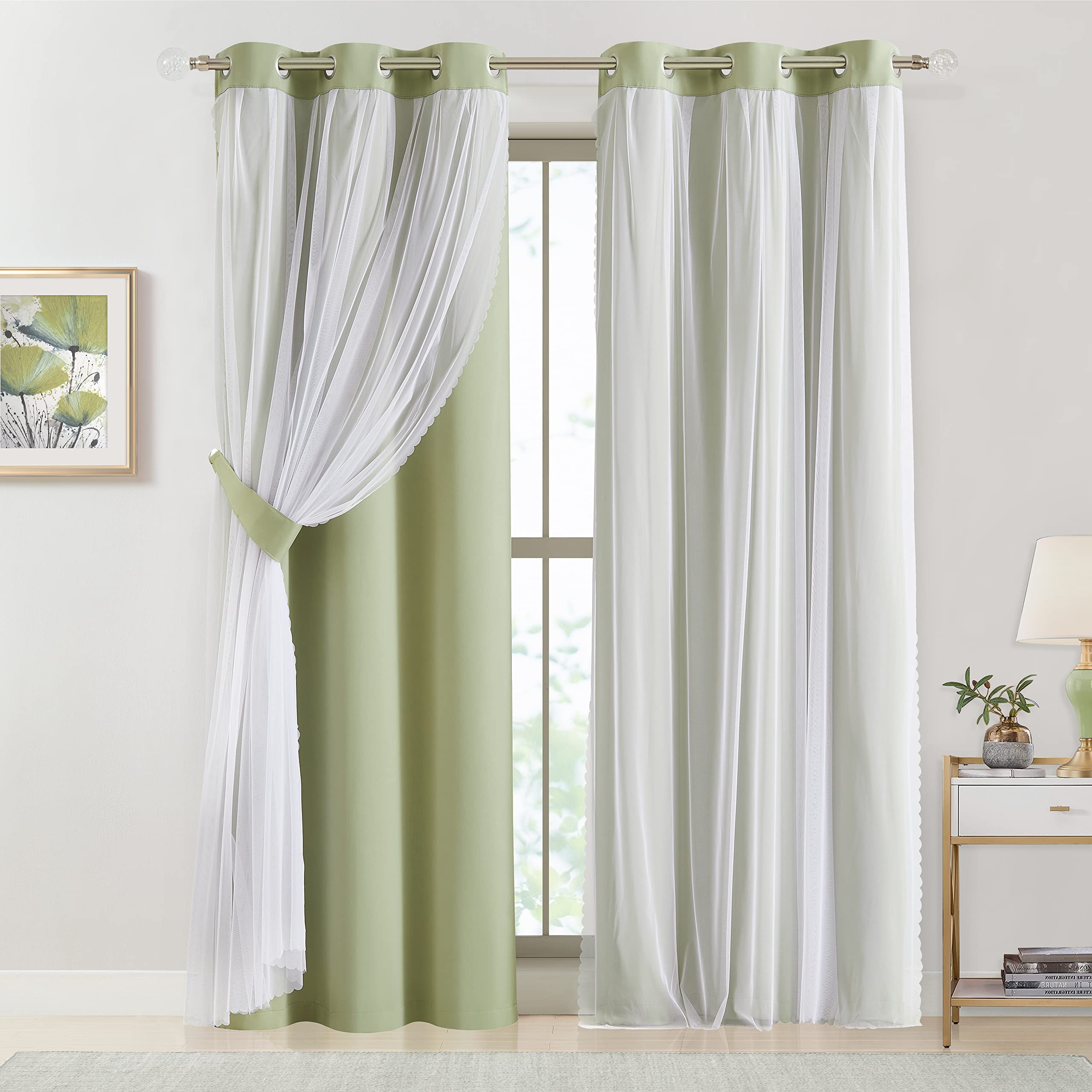 Bujasso Beige 80% Blackout Curtains with Sheer Overlay Mix and Match Double Layer Thermal Insulated Window Panels 95 inch for Living Room Bedroom Beige Drapes with Tiebacks Grommet Top 54" Wx95 Lx2