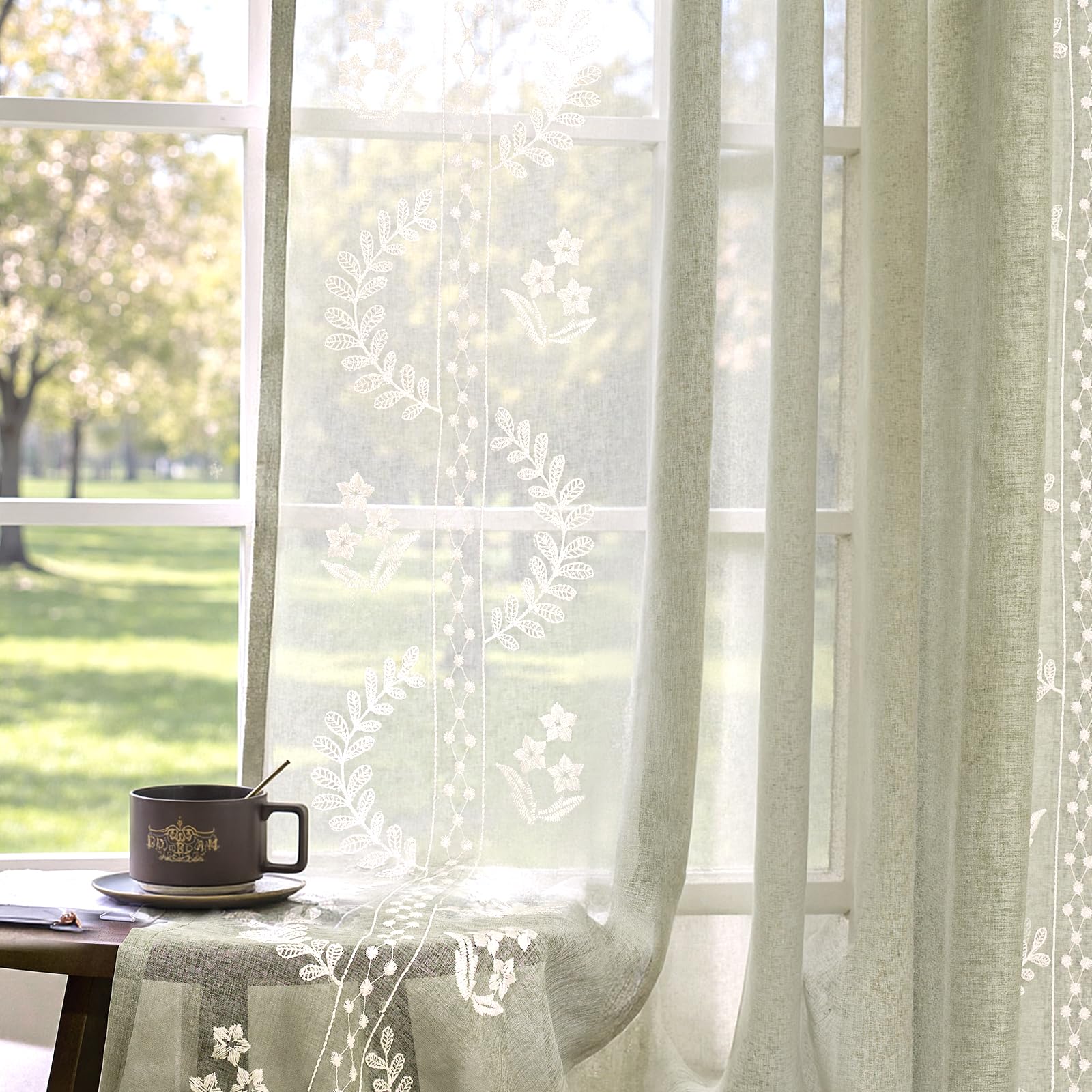 jinchan Belrose Linen Curtains for Bedroom Floral Curtains 84 Inch Length Linen Blend Ivory Embroidered Drapes Farmhouse Flower Patterned Drapes for Living Room Window Treatments Set 2 Panels