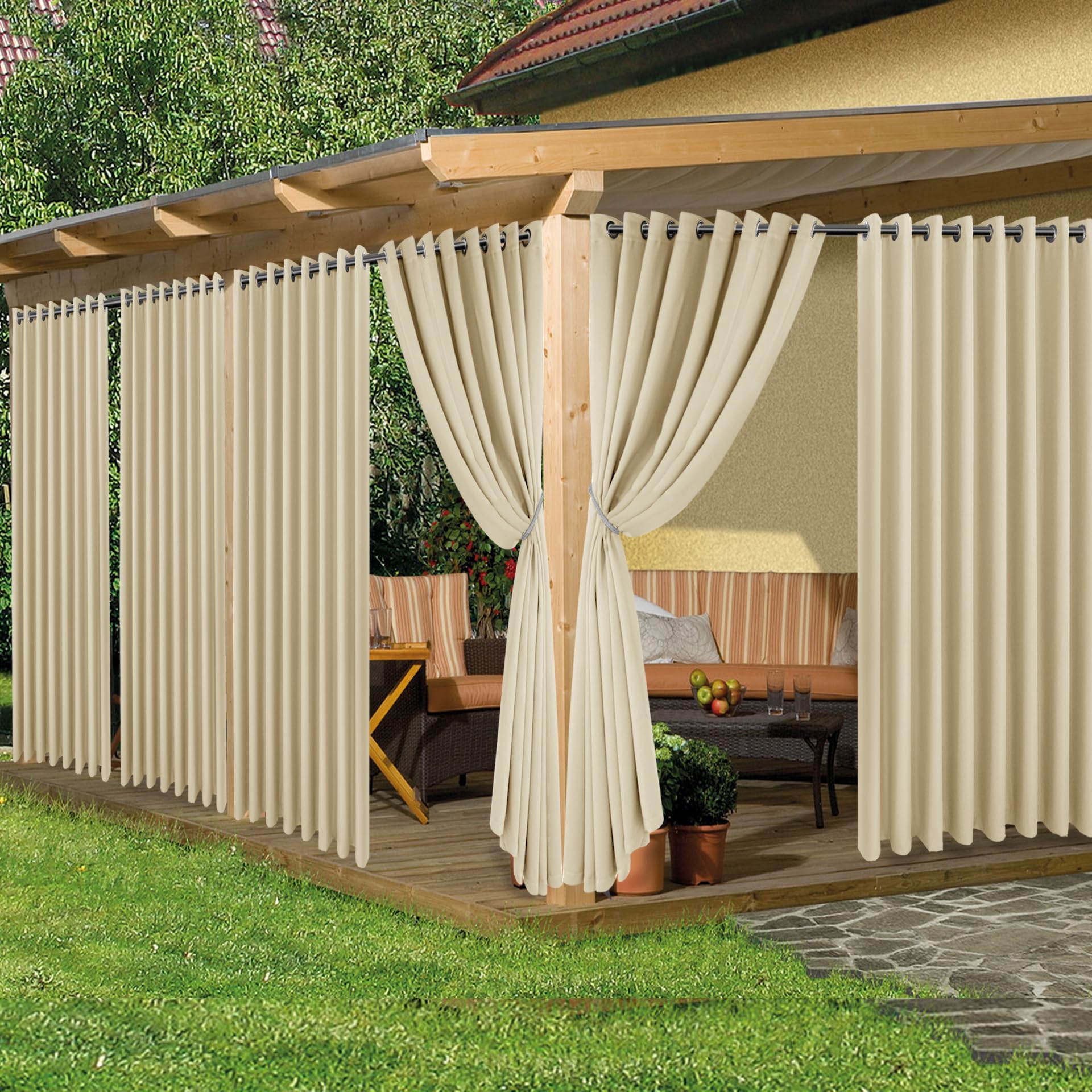 HolidayIdeas Outdoor Curtains for Patio Waterproof, 8 Panels - 54x84 Inches - Weatherproof Privacy Outsides Curtains for Cabana Porch Pergola, Sunlight & UV Blocking (Grey, Grommet Top)