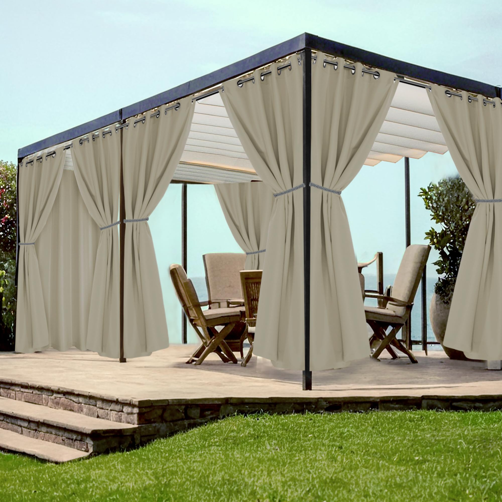 HolidayIdeas Grommet Top Outdoor Curtains for Patio Waterproof 8 Pcs All Weather Balcony Outside Curtain Panels for Apartments, Gazebo, Pergolas, Porch, 54x84 Inch, Grey