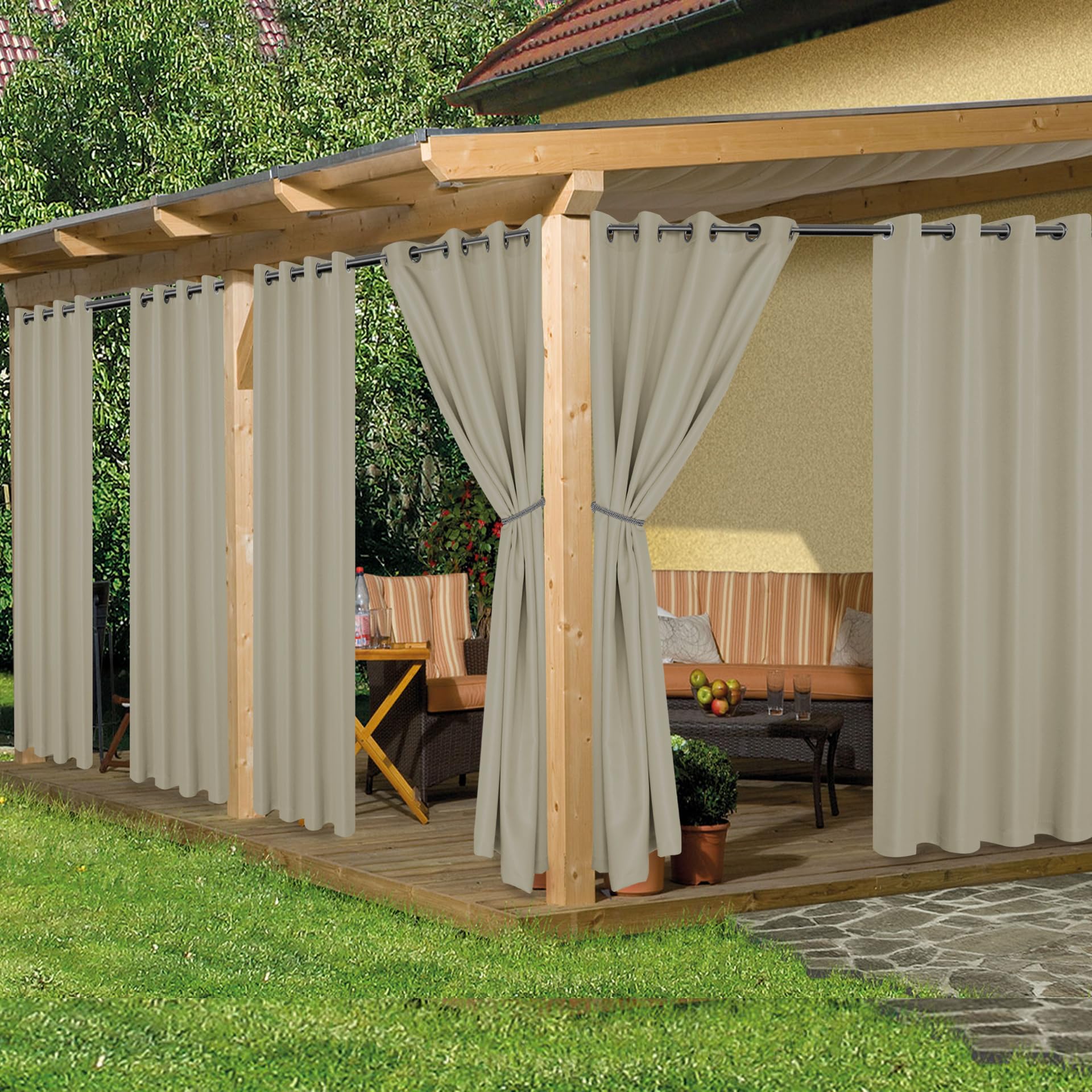HolidayIdeas Outdoor Curtains for Patio Waterproof, 8 Panels - 54x84 Inches - Weatherproof Privacy Outsides Curtains for Cabana Porch Pergola, Sunlight & UV Blocking (Grey, Grommet Top)