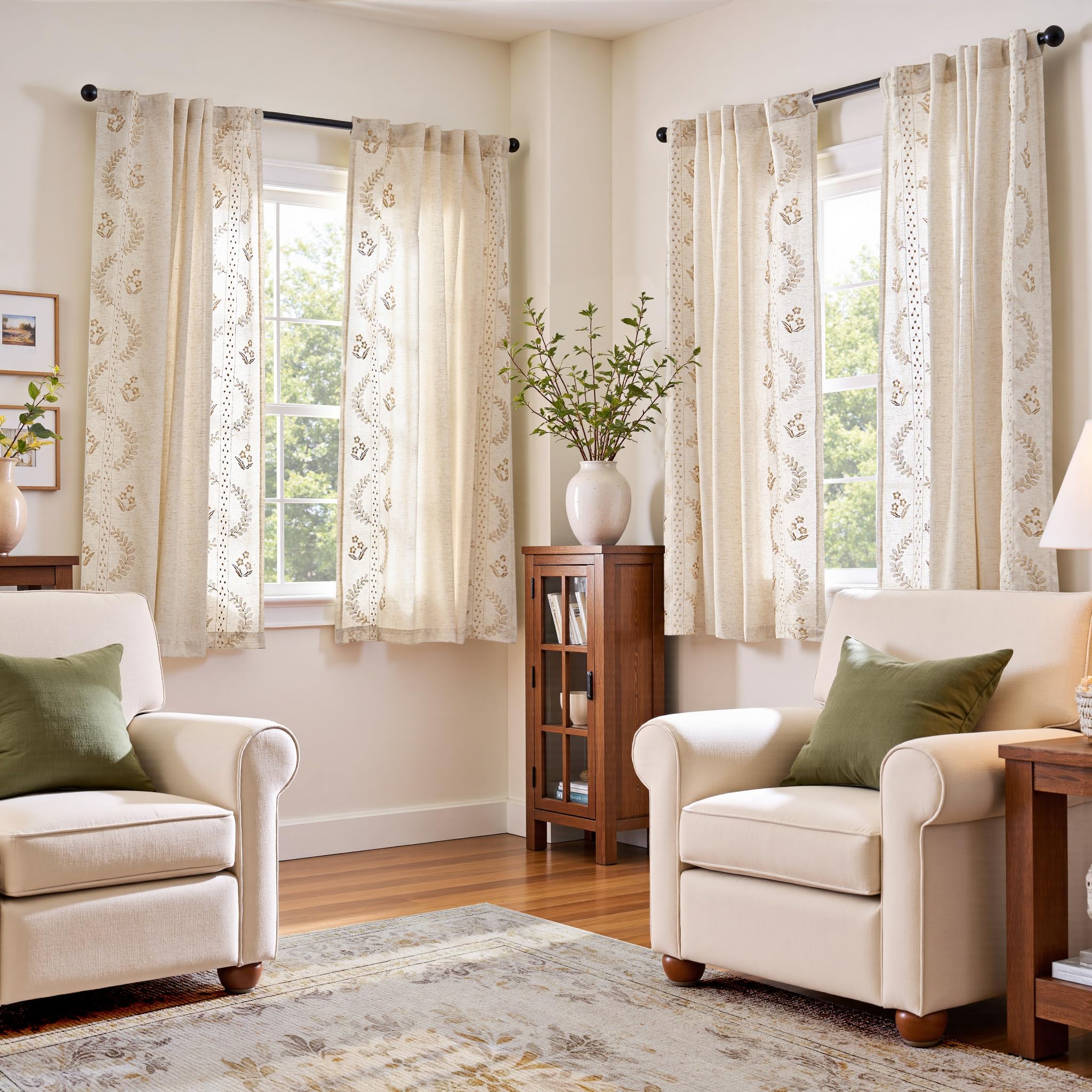 jinchan Belrose Linen Curtains for Bedroom Floral Curtains 84 Inch Length Linen Blend Ivory Embroidered Drapes Farmhouse Flower Patterned Drapes for Living Room Window Treatments Set 2 Panels