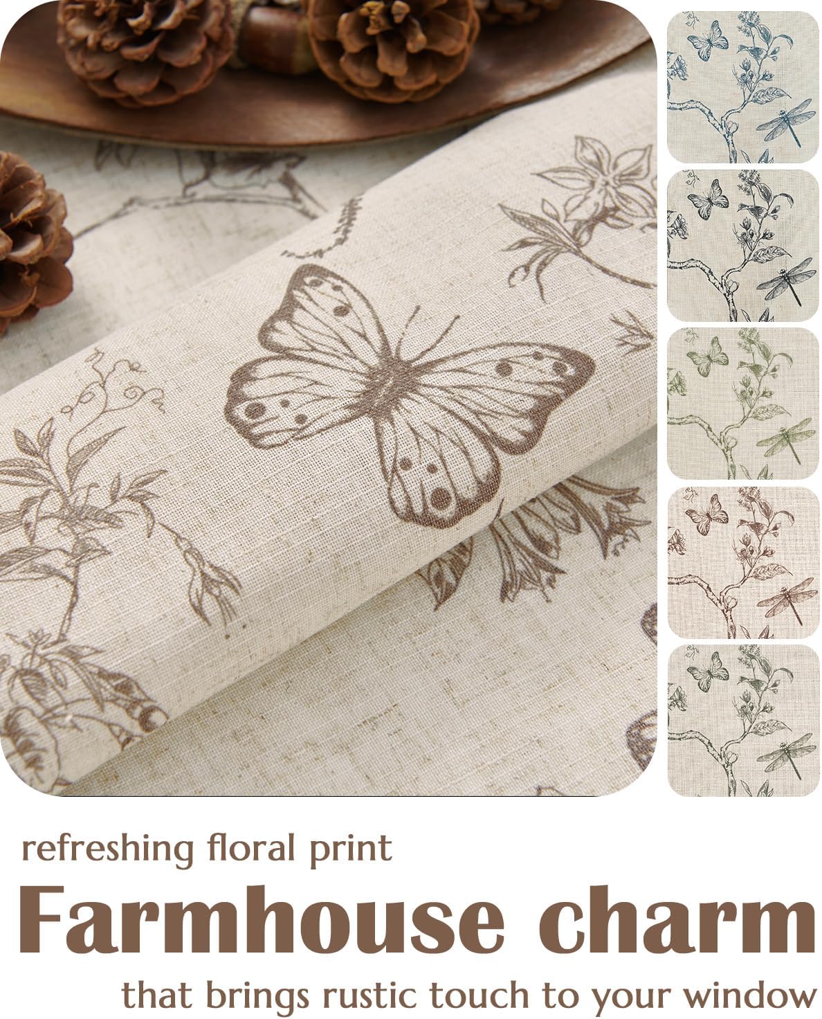 jinchan Floral Linen Curtains for Living Room - 63 Inch Length Butterfly Taupe Floral Curtains - French Country Farmhouse Flower Patterned Drapes - Back Tab Rod Pocket Set - 2 Panels