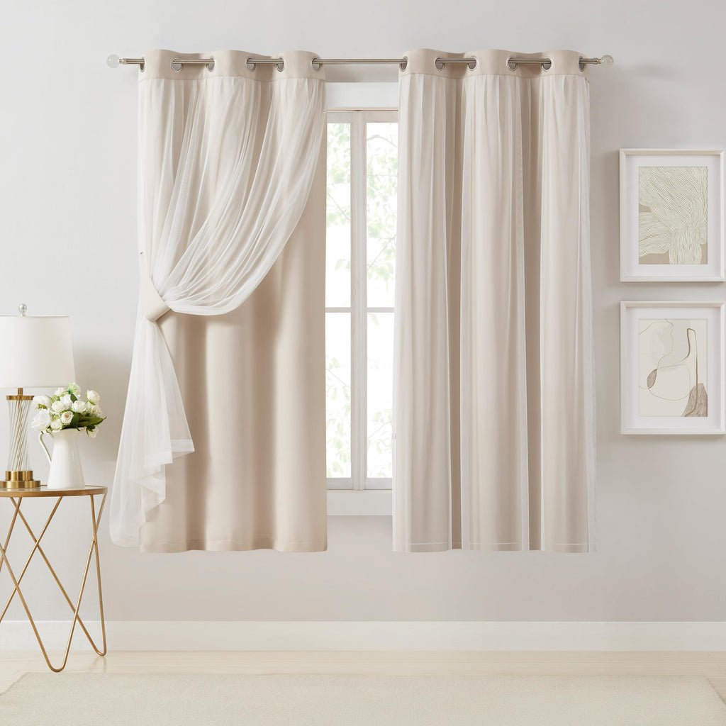 Bujasso Beige 80% Blackout Curtains with Sheer Overlay Mix and Match Double Layer Thermal Insulated Window Panels 95 inch for Living Room Bedroom Beige Drapes with Tiebacks Grommet Top 54" Wx95 Lx2