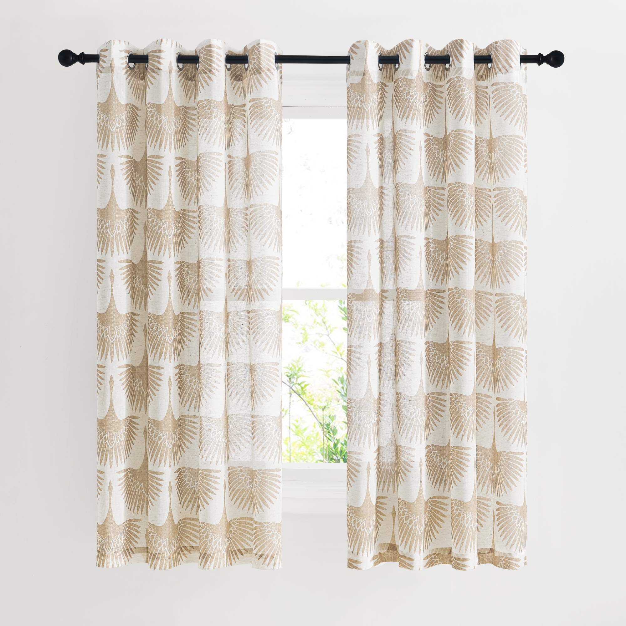 KGORGE Natural Linen Curtains - Semi Sheer Curtains 84 inches Long Geometric Print Window Decor Privacy Protect Light Filtering Drapes for Bedroom Office Basement, 2 Panels, Taupe