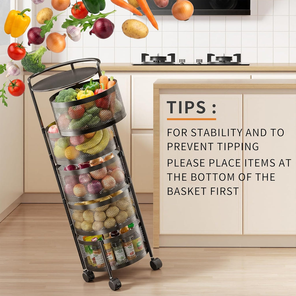 Rotating Fruit Basket, 5-Tier Metal Sturdy Kitchen Storage Rack Shelf Carts No Assembly on Rolling Wheels for Fruit Vegetable Grocery Corns Potato Onion (5-Tier, Black)