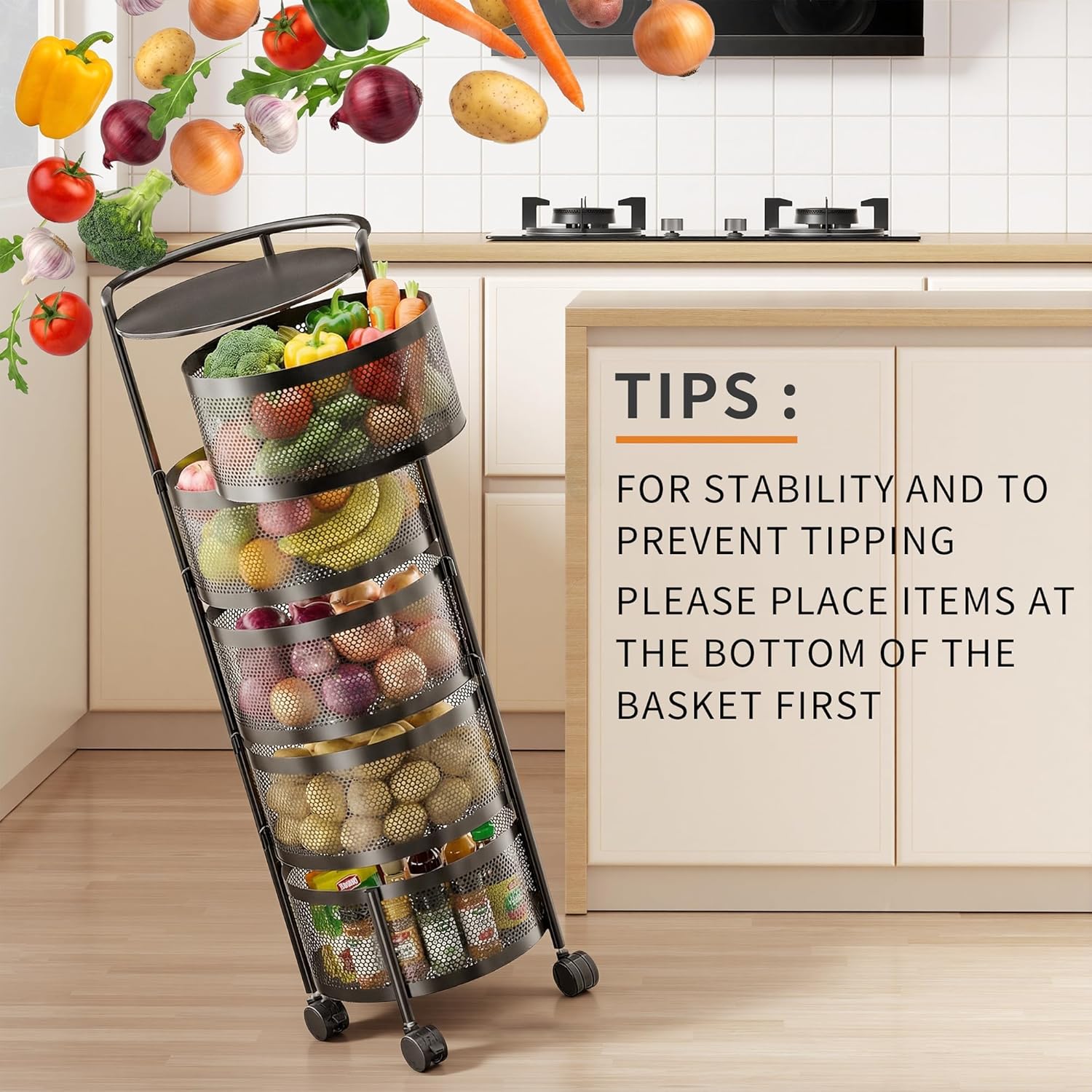 Rotating Fruit Basket, 5-Tier Metal Sturdy Kitchen Storage Rack Shelf Carts No Assembly on Rolling Wheels for Fruit Vegetable Grocery Corns Potato Onion (5-Tier, Black)
