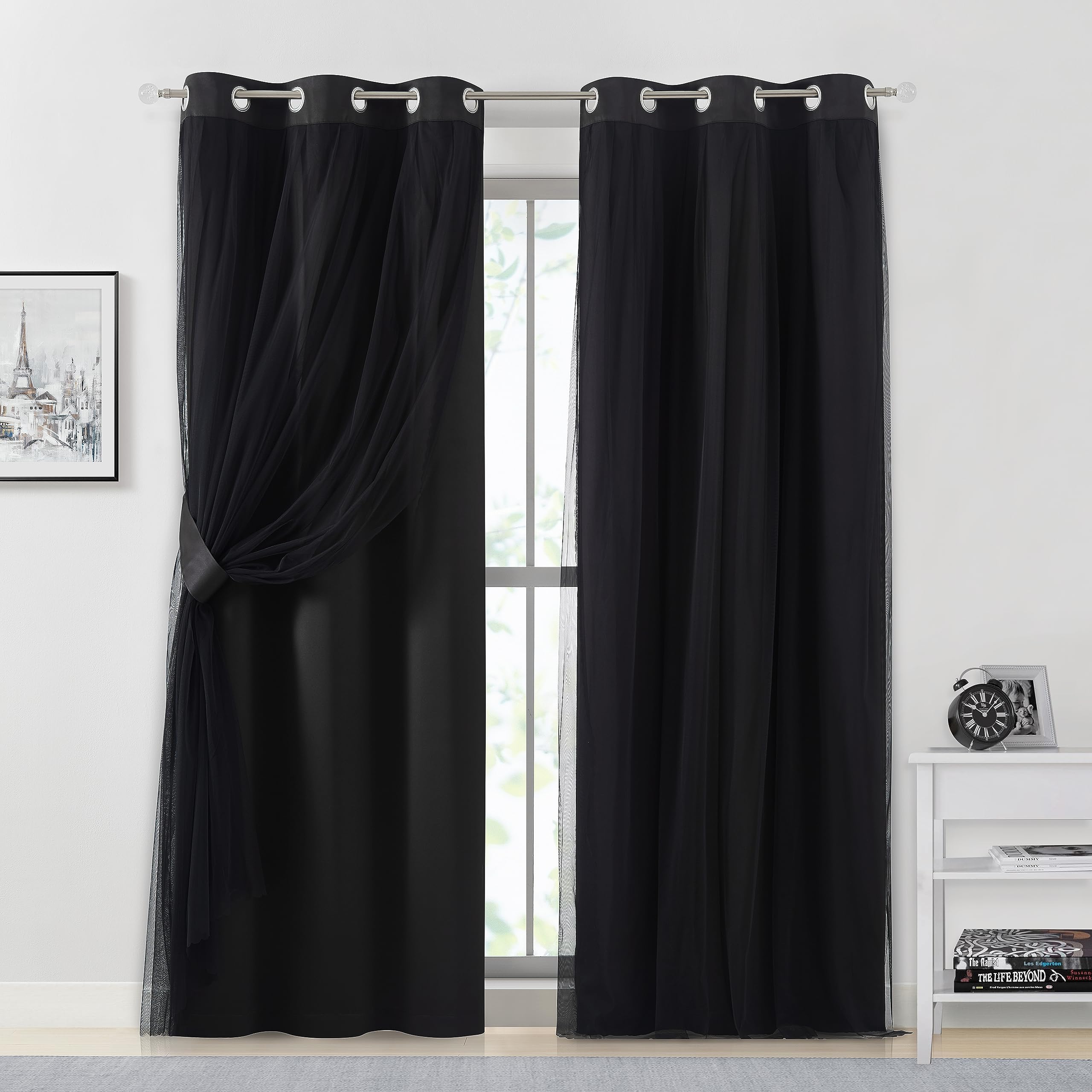 Bujasso Beige 90% Blackout Curtains with Sheer Overlay Mix and Match Double Layer Thermal Insulated Window Panels 84 inch for Living Room Bedroom Beige Drapes with Tiebacks Grommet Top 37" Wx84 Lx2