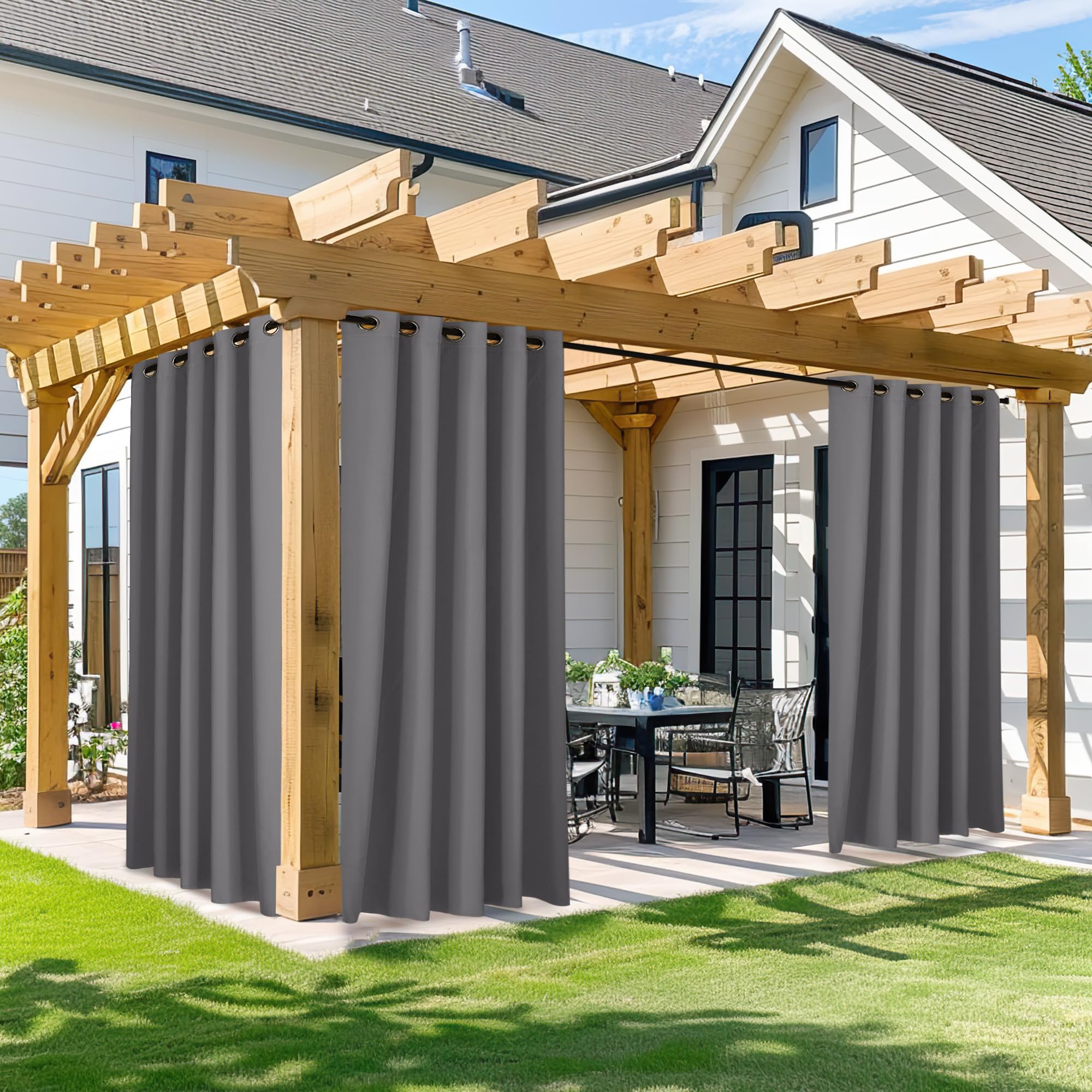 NICETOWN Fade Resistant Outdoor Curtains for Patio 84 inch Long, Grade 4 Color Fastness Fade-Proof Waterproof Outside Curtains, Thermal UV Protection Sun Shades for Porch, W52 x L84, 2 Panels, Grey