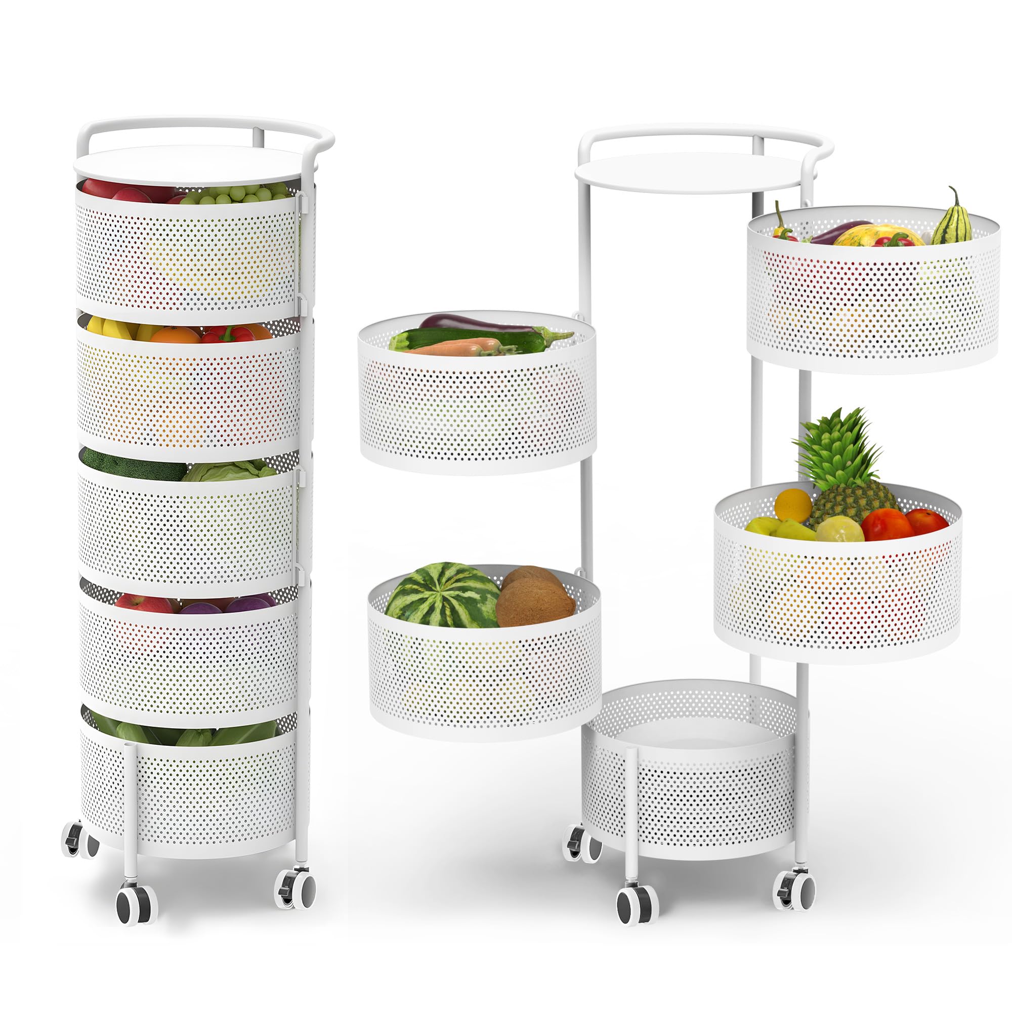 Rotating Fruit Basket, 5-Tier Metal Sturdy Kitchen Storage Rack Shelf Carts No Assembly on Rolling Wheels for Fruit Vegetable Grocery Corns Potato Onion (5-Tier, Black)