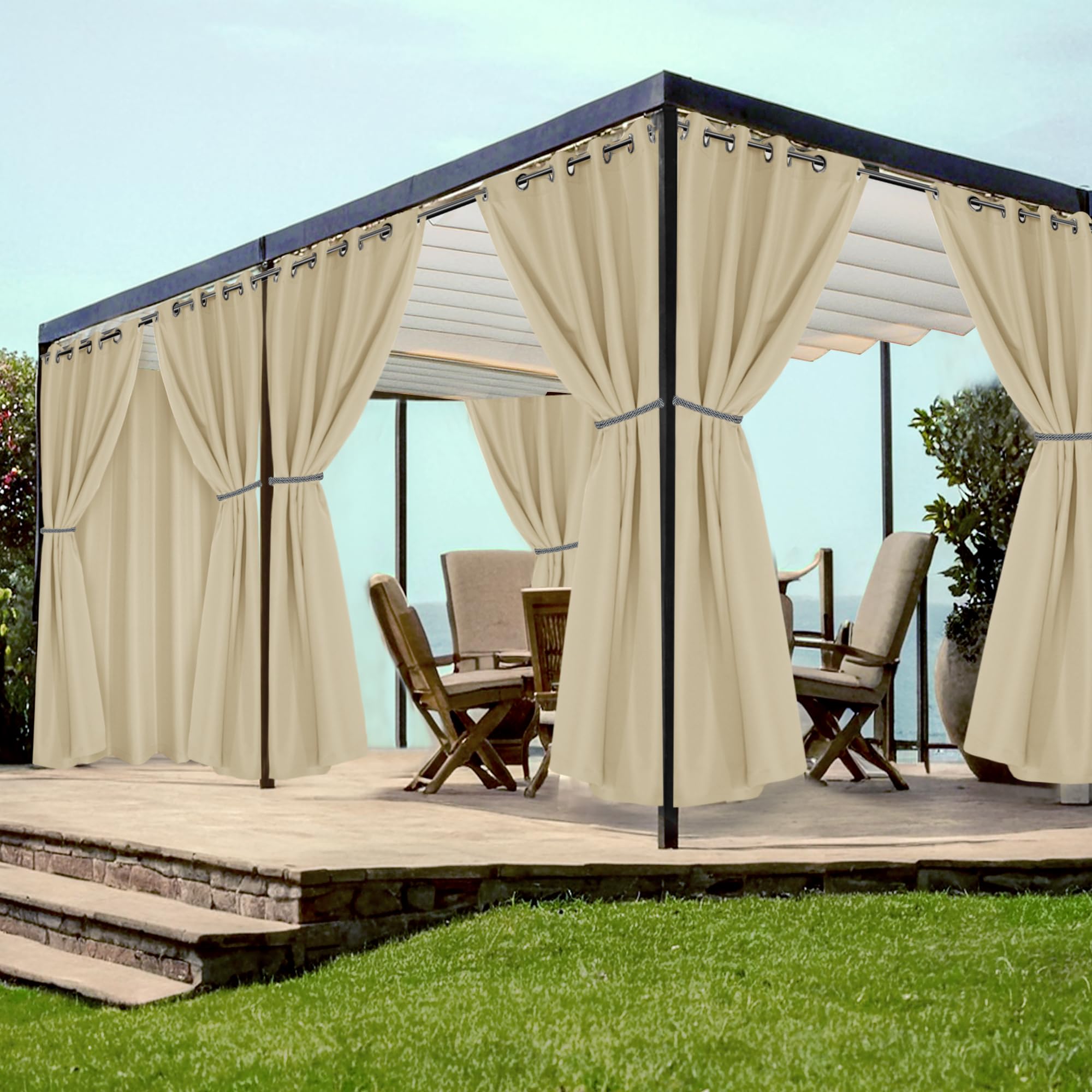 HolidayIdeas Grommet Top Outdoor Curtains for Patio Waterproof 8 Pcs All Weather Balcony Outside Curtain Panels for Apartments, Gazebo, Pergolas, Porch, 54x84 Inch, Grey