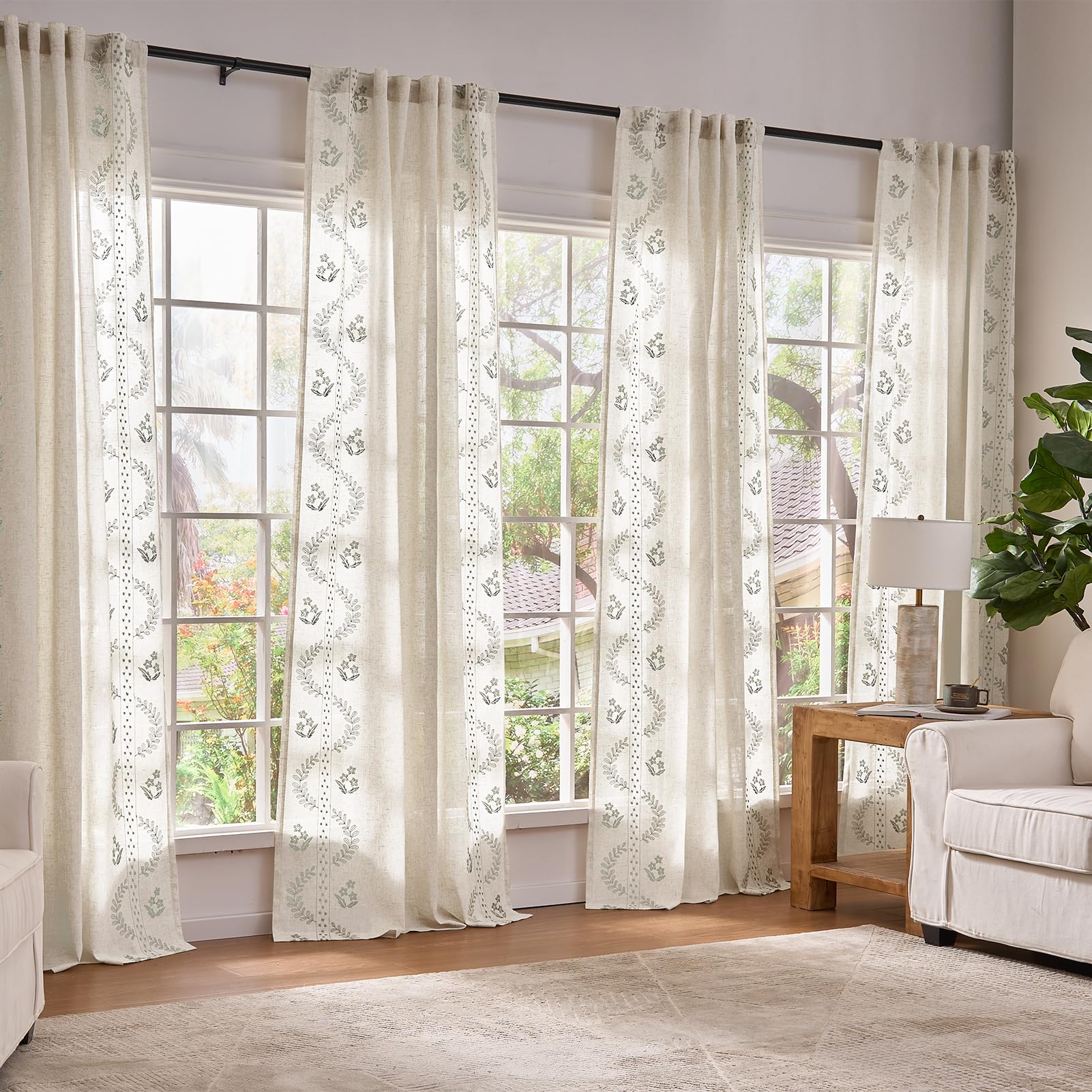 jinchan Belrose Linen Curtains for Bedroom Floral Curtains 84 Inch Length Linen Blend Ivory Embroidered Drapes Farmhouse Flower Patterned Drapes for Living Room Window Treatments Set 2 Panels
