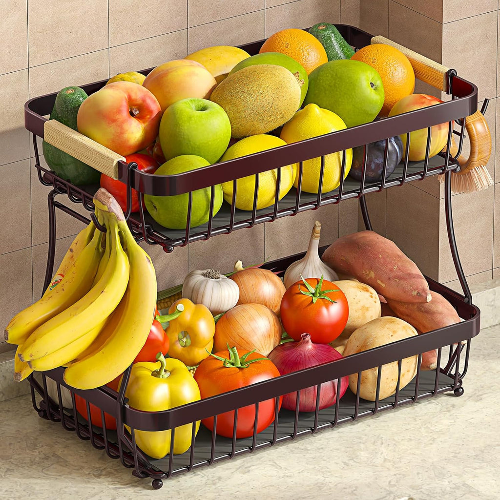 2 Tier Large Fruit Basket for Kitchen Counter with 2 Mobile Banana Hangers, 2026 Pro Detachable Metal Fruit Bowl with Wooden Handle (Brown, 2 Tier)