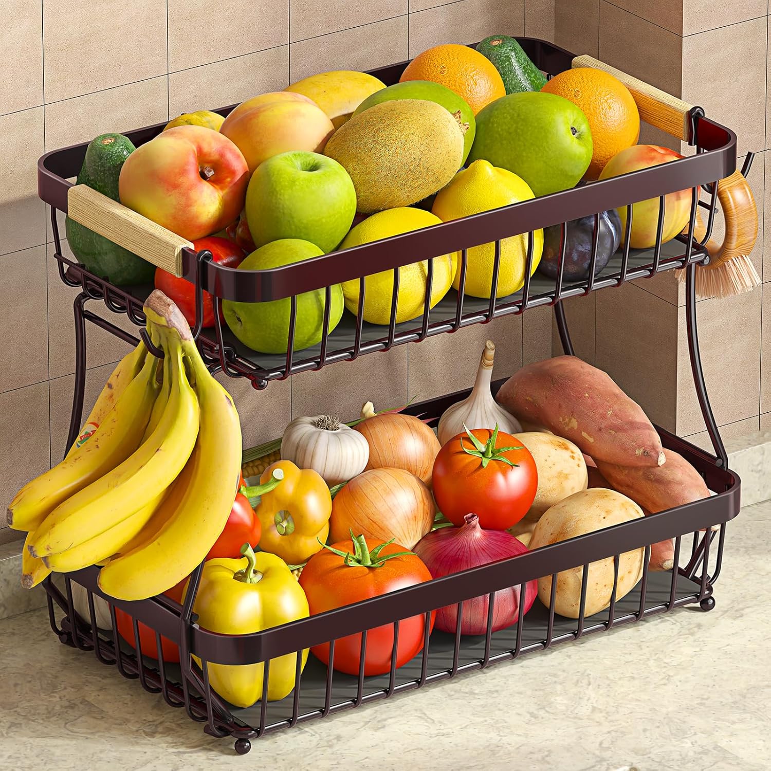 2 Tier Large Fruit Basket for Kitchen Counter with 2 Mobile Banana Hangers, 2026 Pro Detachable Metal Fruit Bowl with Wooden Handle (Brown, 2 Tier)