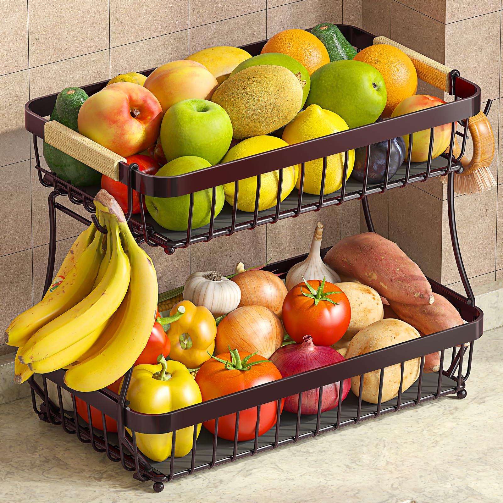 2 Tier Large Fruit Basket for Kitchen Counter with 2 Mobile Banana Hangers, 2026 Pro Detachable Metal Fruit Bowl with Wooden Handle (Brown, 2 Tier)