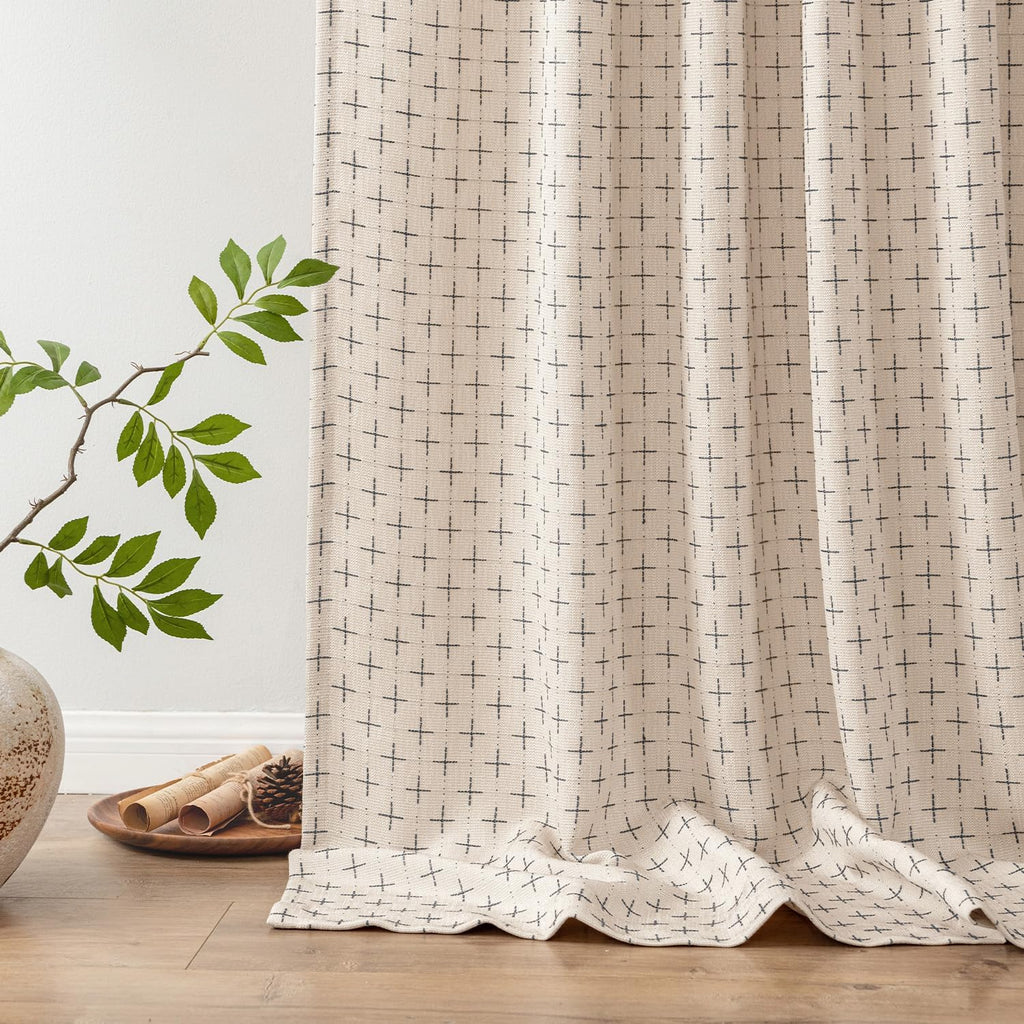MIULEE Decorative Back Tab Linen Curtains with Geometric Pattern for Living Room Bedroom Farmhouse Rustic Thick Woven Textured Patterned Mudcloth Drapes 84 Inches Long 2 Panels Set, Beige