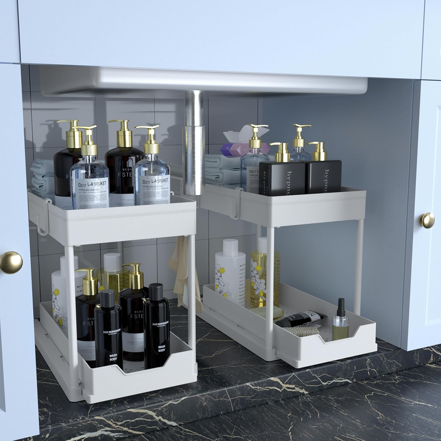 DEKAVA Cabinet, 2 Pack Under Sink Organizer, 2 Tier Sliding Bathroom Kitchen Organizer, Large White ABS Baskets, Easy Install & Clean