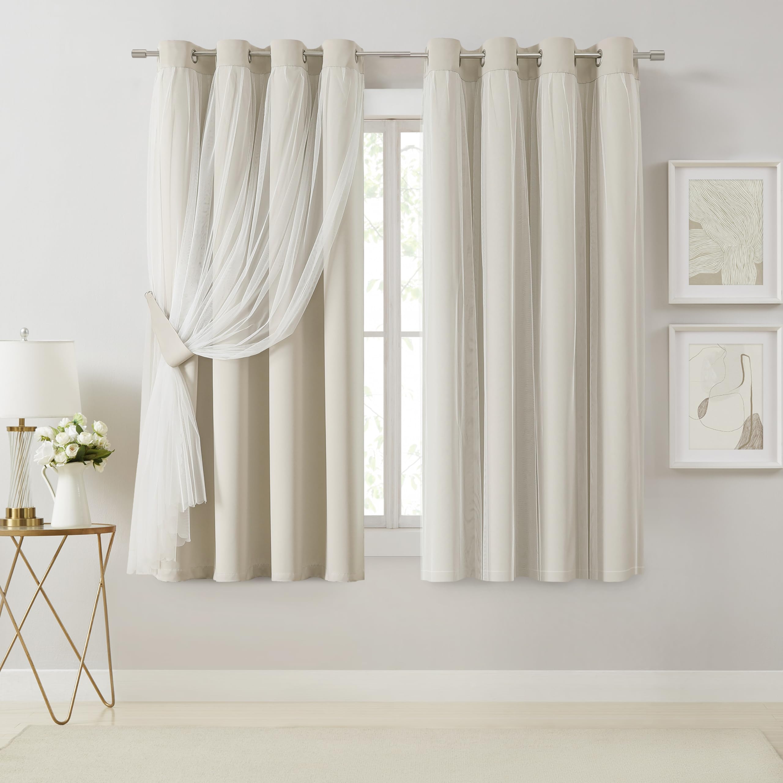 Bujasso Beige 80% Blackout Curtains with Sheer Overlay Mix and Match Double Layer Thermal Insulated Window Panels 95 inch for Living Room Bedroom Beige Drapes with Tiebacks Grommet Top 54" Wx95 Lx2