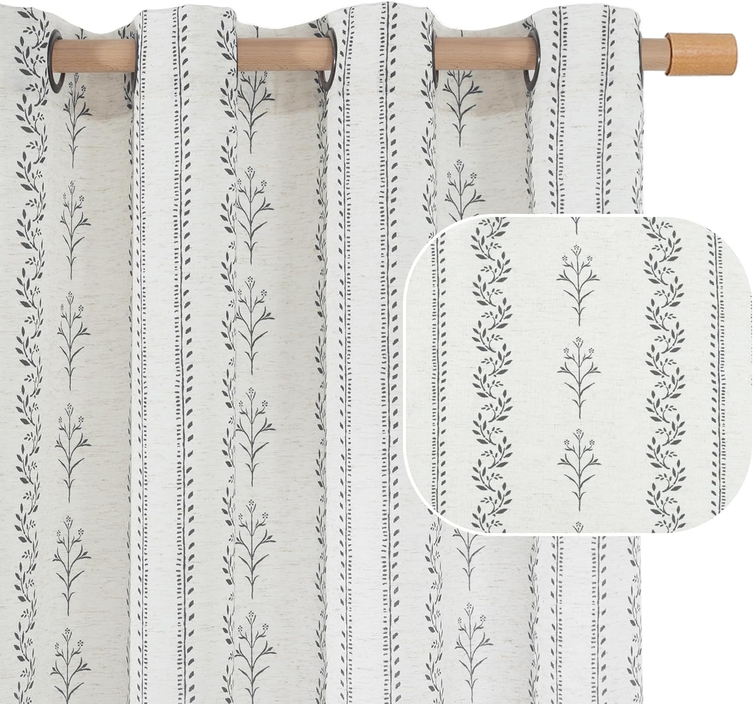 BGment Short Boho Curtains Leaf Floral Print Cottage Core Botanical Curtains for Bedroom Light Filtering Curtain 54 Inch Long for Farmhouse Rustic, Each 52 Inch Wide, 2 Panels Set, Dark Grey