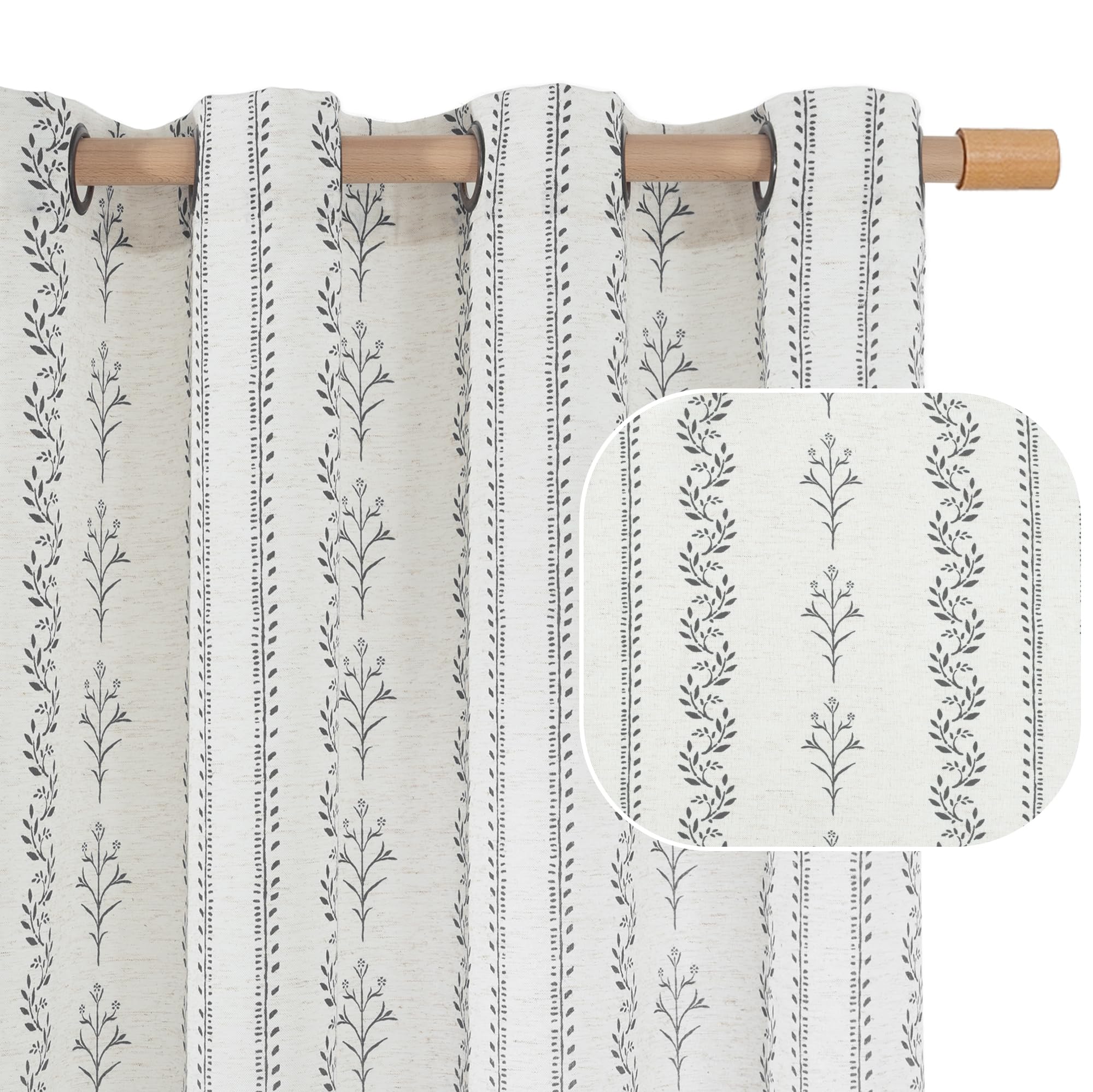 BGment Short Boho Curtains Leaf Floral Print Cottage Core Botanical Curtains for Bedroom Light Filtering Curtain 54 Inch Long for Farmhouse Rustic, Each 52 Inch Wide, 2 Panels Set, Dark Grey