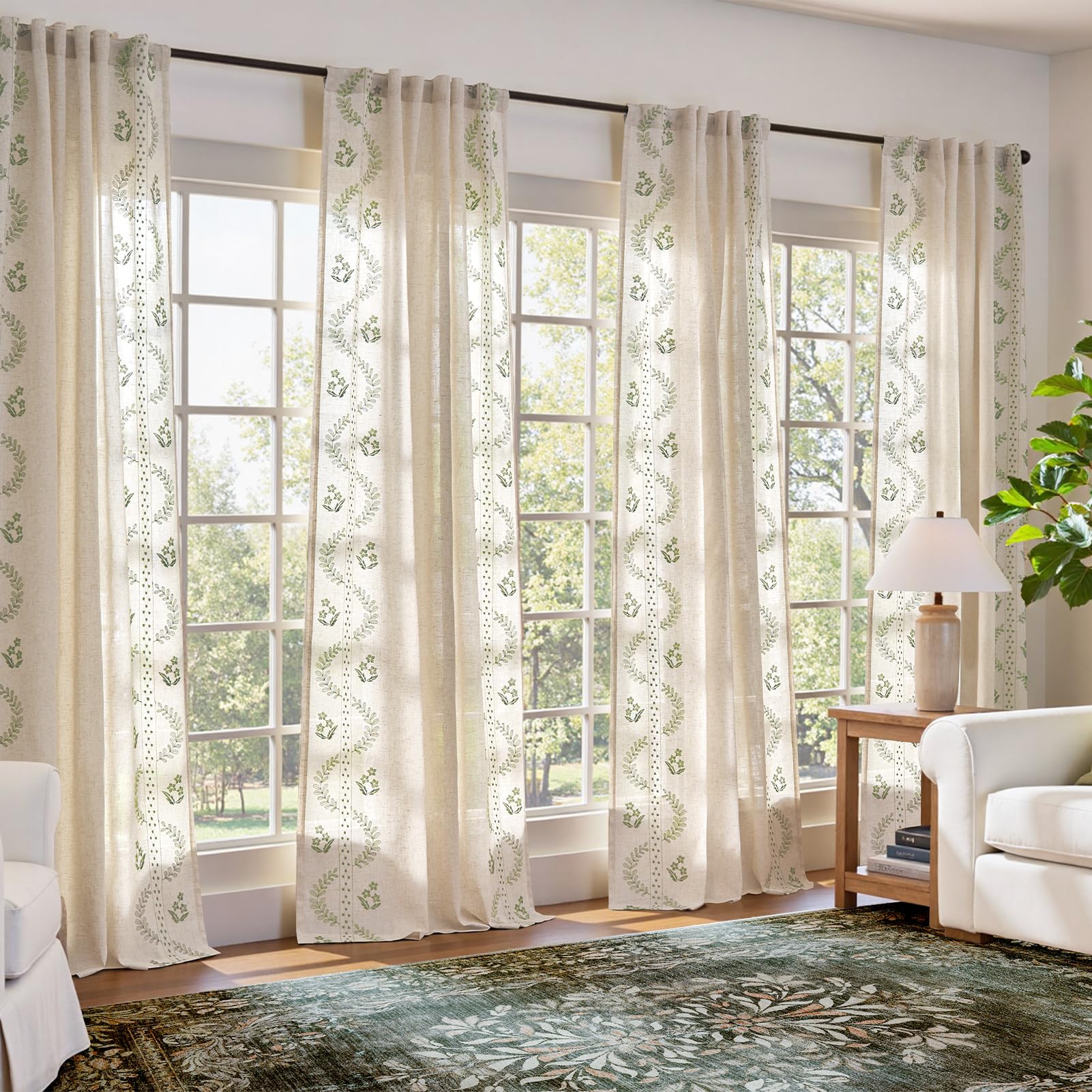 jinchan Belrose Linen Curtains for Bedroom Floral Curtains 84 Inch Length Linen Blend Ivory Embroidered Drapes Farmhouse Flower Patterned Drapes for Living Room Window Treatments Set 2 Panels