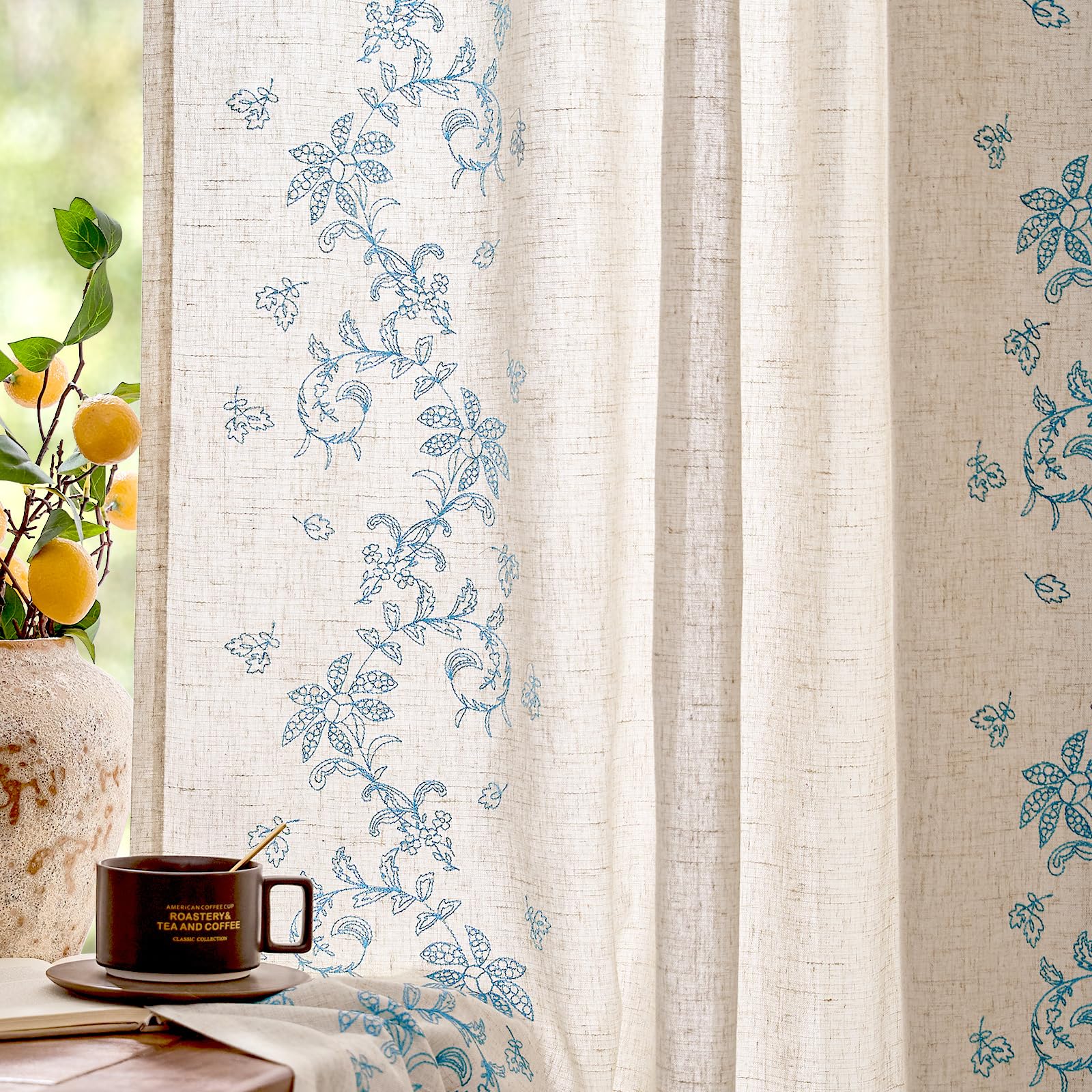 jinchan Belrose Linen Curtains for Bedroom Floral Curtains 84 Inch Length Linen Blend Ivory Embroidered Drapes Farmhouse Flower Patterned Drapes for Living Room Window Treatments Set 2 Panels