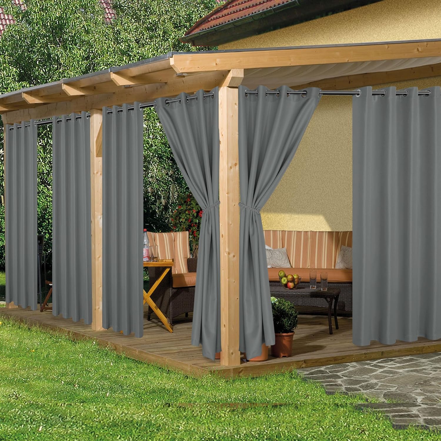 HolidayIdeas Outdoor Curtains for Patio Waterproof, 8 Panels - 54x84 Inches - Weatherproof Privacy Outsides Curtains for Cabana Porch Pergola, Sunlight & UV Blocking (Grey, Grommet Top)
