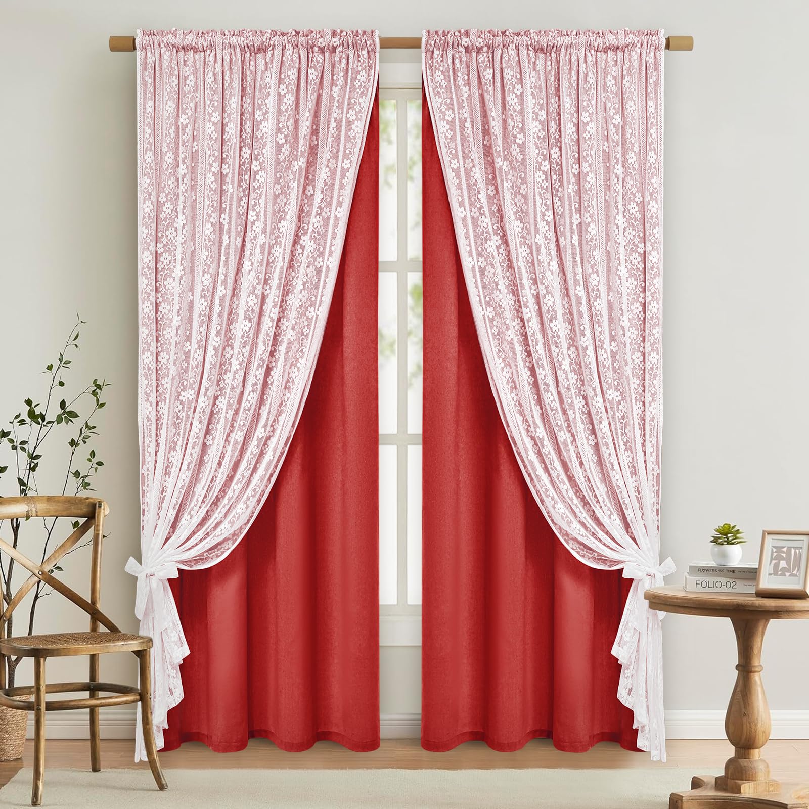 ASPMIZ Linen Curtains for Bedroom, Double Layered Boho Curtain for Living Room Farmhouse Curtain 84 Inch Length 2 Panels Set, Rustic Curtains & Drapes Rod Pocket with Tiebacks, 52 x 84 Inch, Beige