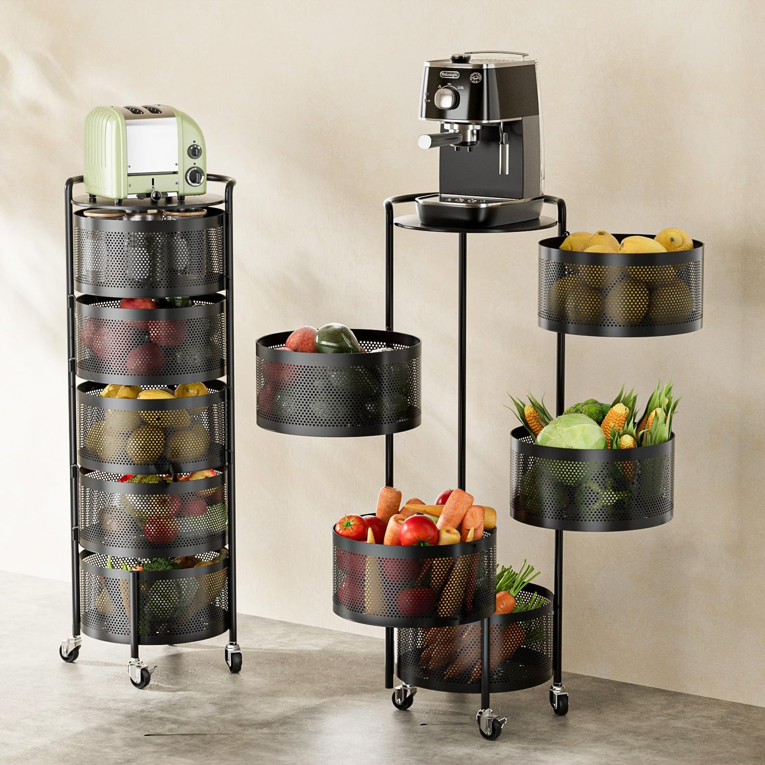Rotating Fruit Basket, 5-Tier Metal Sturdy Kitchen Storage Rack Shelf Carts No Assembly on Rolling Wheels for Fruit Vegetable Grocery Corns Potato Onion (5-Tier, Black)